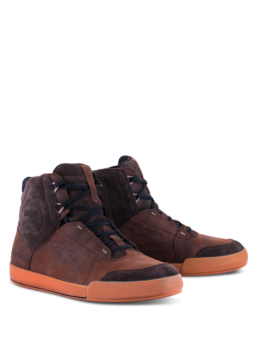 Alpinestars Chrome Crafted Drystar® sko, urban køresko, brun og gummi, high-top konstruktion i læder og ruskind, sorte snørebånd, gummisål, med præget logo og Drystar®-branding, moderne casual motorcykelfodtøj
