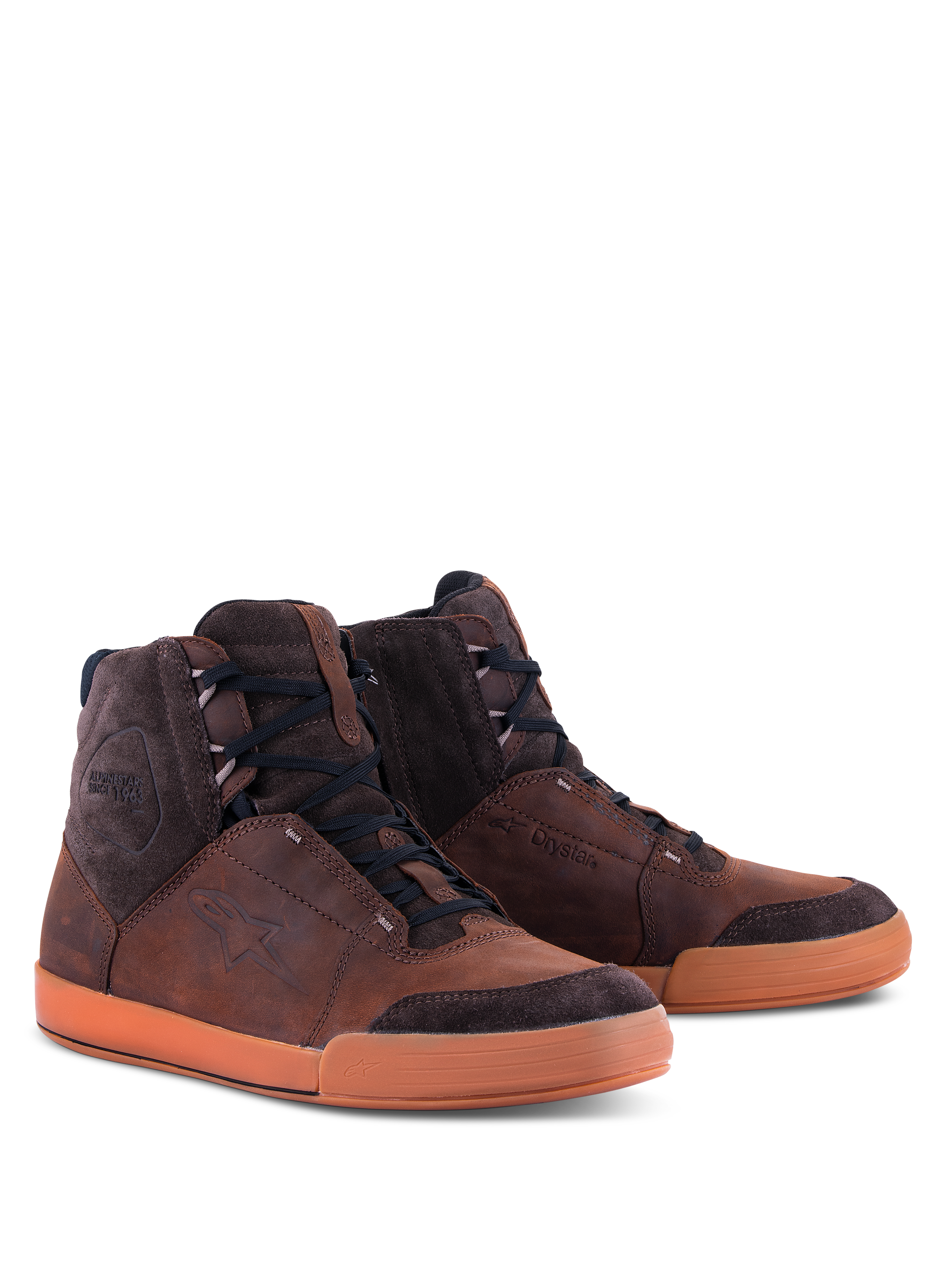 Alpinestars Chrome Crafted Drystar® sko, urban køresko, brun og gummi, high-top konstruktion i læder og ruskind, sorte snørebånd, gummisål, med præget logo og Drystar®-branding, moderne casual motorcykelfodtøj