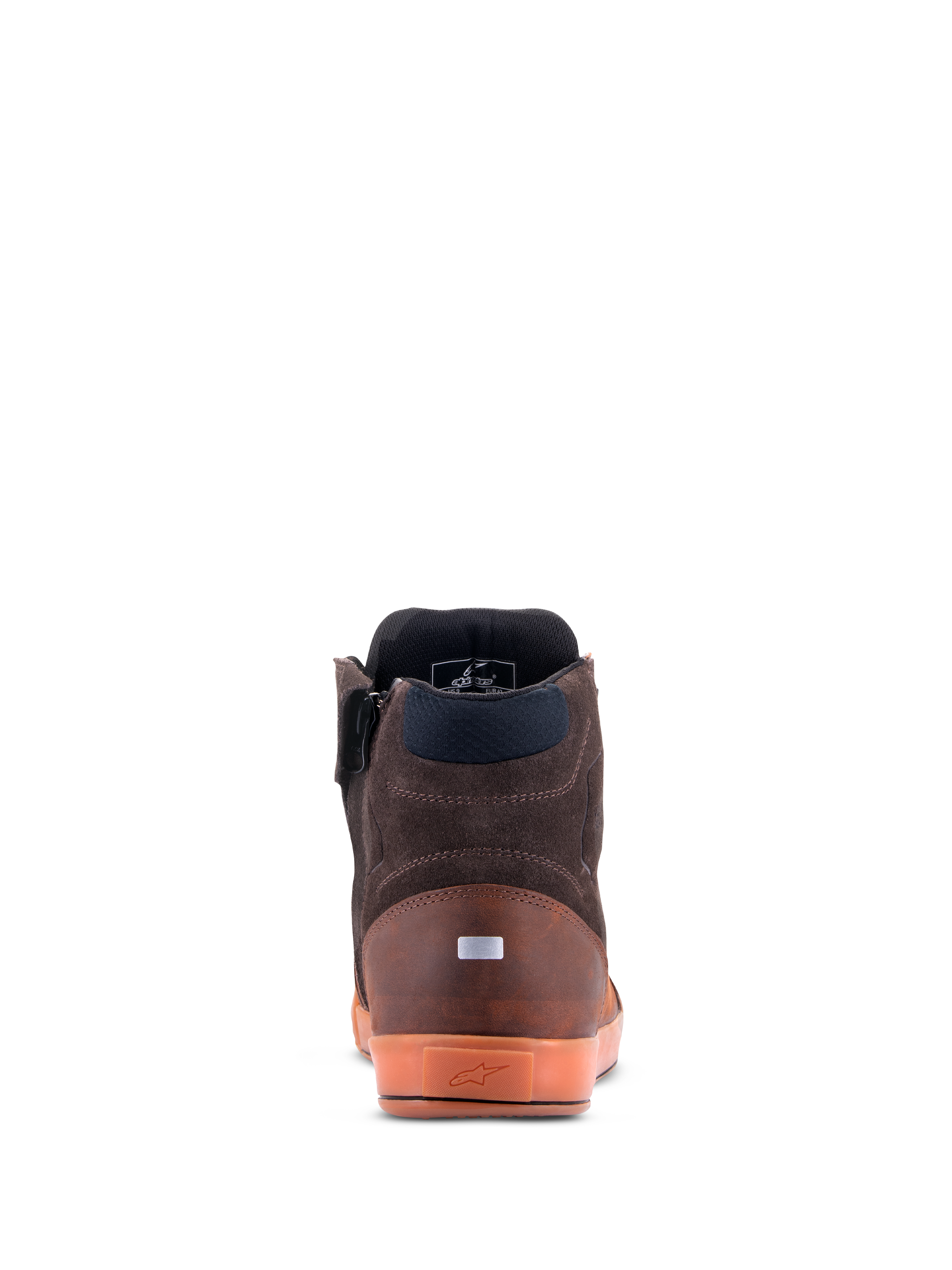 Alpinestars Chrome Crafted Drystar® sko, set bagfra, Brown Gum, casual motorcykelsko til bykørsel, læder- og ruskindskonstruktion, gennemsigtig gummisål med præget logo, reflekterende hældetalje