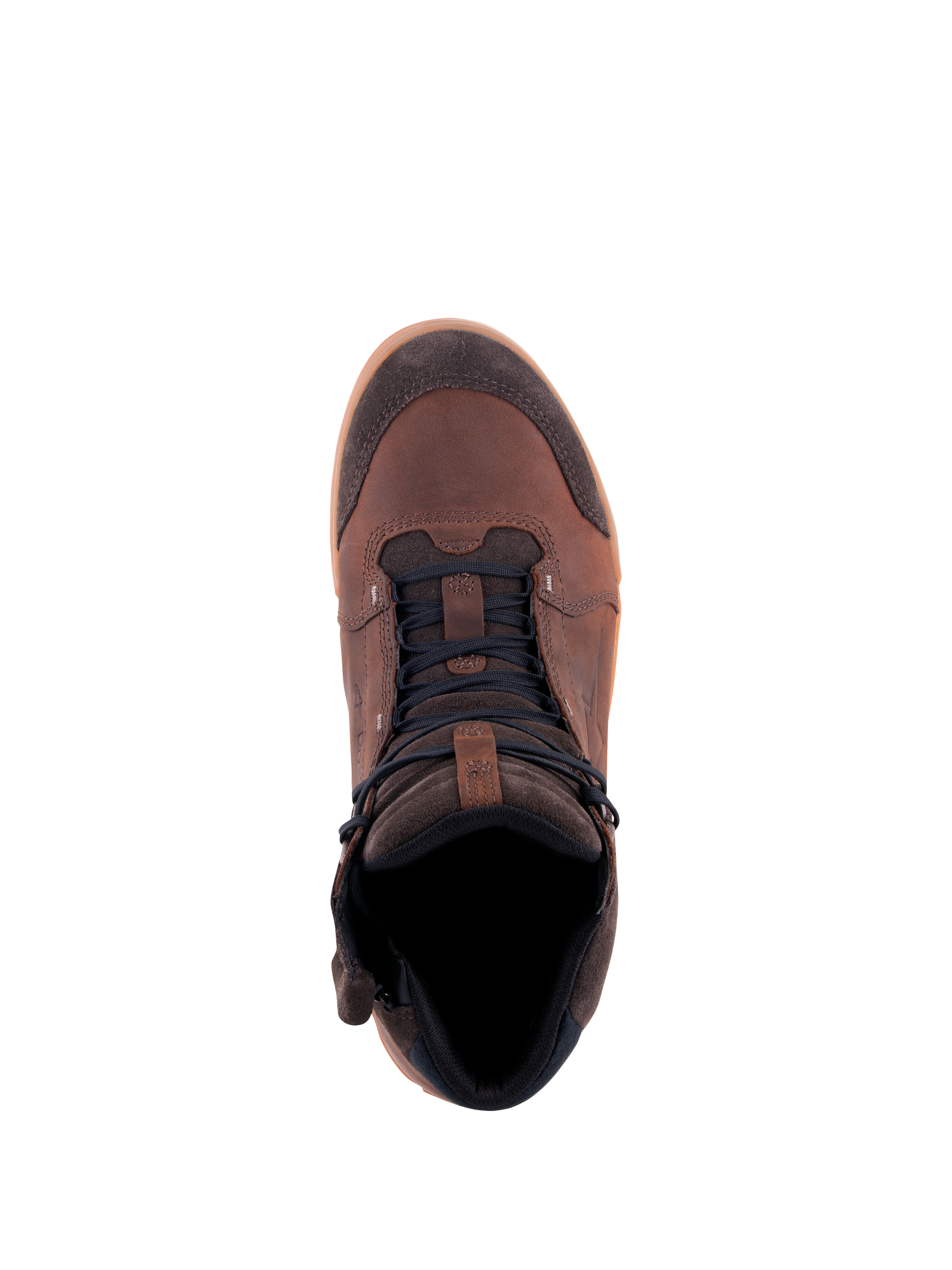 Alpinestars Chrome Crafted Drystar® sko, urban køresko, Brown Gum, set oppefra, overdel i læder og ruskind med mørke snørebånd og gummisål, casual vandtæt motorcykelfodtøj