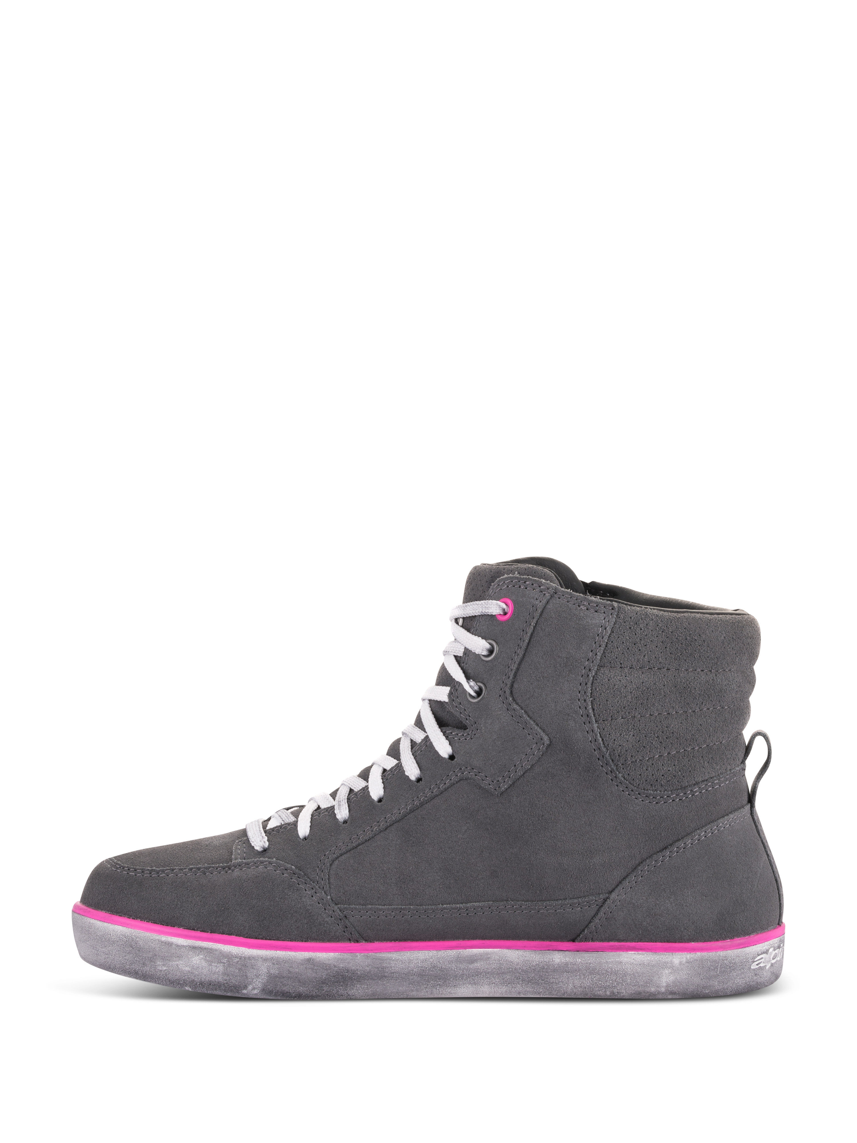 Alpinestars Women's J-6 Waterproof Shoes, Riding Shoes, Light Gray and Fuchsia, high-top sneaker design with gray suede upper, white laces, fuchsia accents, and a distressed gray rubber sole