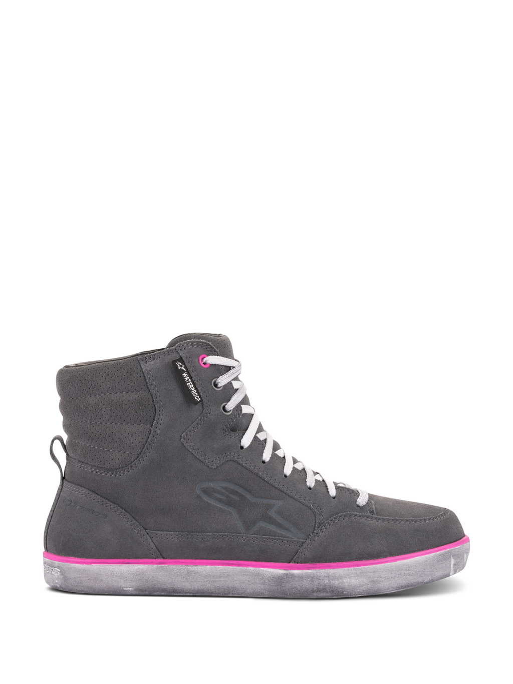 Alpinestars Women's J-6 Waterproof Shoes, sneaker-style motorcycle riding shoe, dark gray suede and leather upper with white laces, vibrant fuchsia accents along the sole, and a waterproof tag, designed for urban road use.