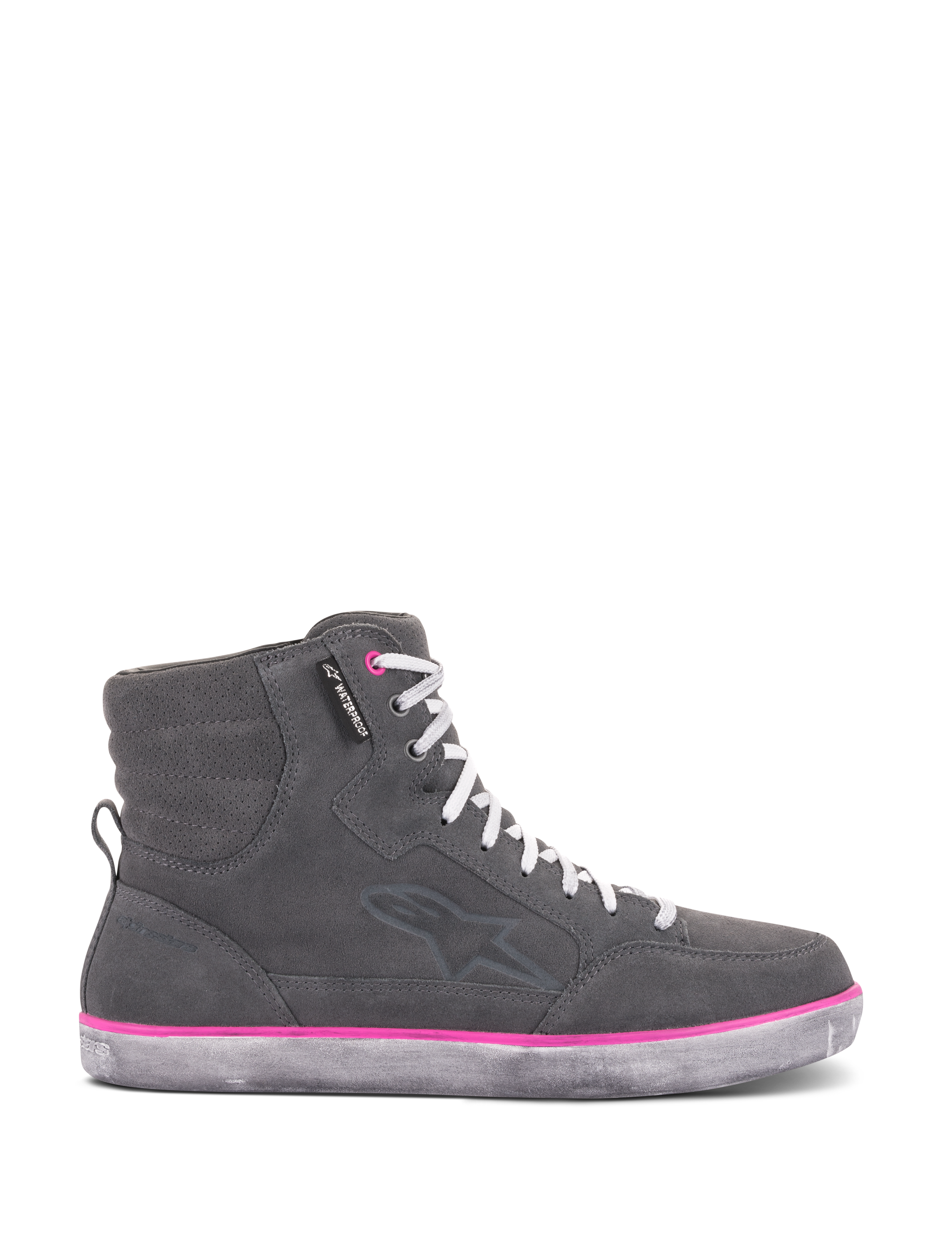 Alpinestars Women's J-6 Waterproof Shoes, sneaker-style motorcycle riding shoe, dark gray suede and leather upper with white laces, vibrant fuchsia accents along the sole, and a waterproof tag, designed for urban road use.