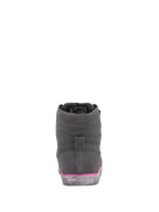Alpinestars Women's J-6 Waterproof Riding Shoe, Gray and Fuchsia, rear view, suede upper with pink midsole detail and embossed logo on the rubber sole, urban motorcycle footwear