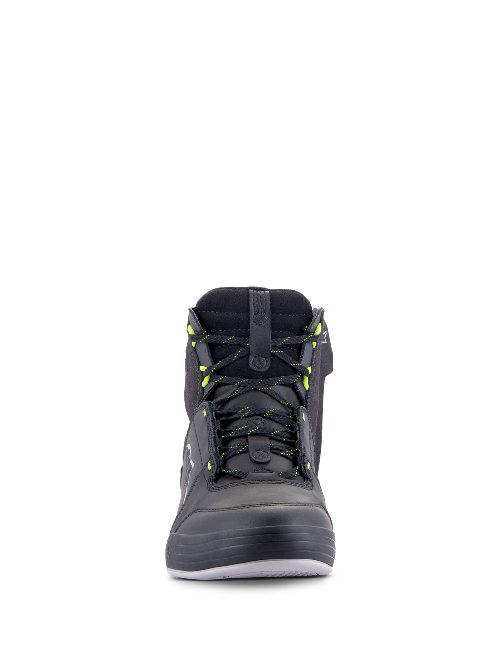 Alpinestars Chrome Drystar® sko, urban motorcykelsko, sort mørkegrå gul fluo, set forfra med snørebånd med gule accenter, high-top læder- og ruskindskonstruktion, vandtæt casual streetwear-design