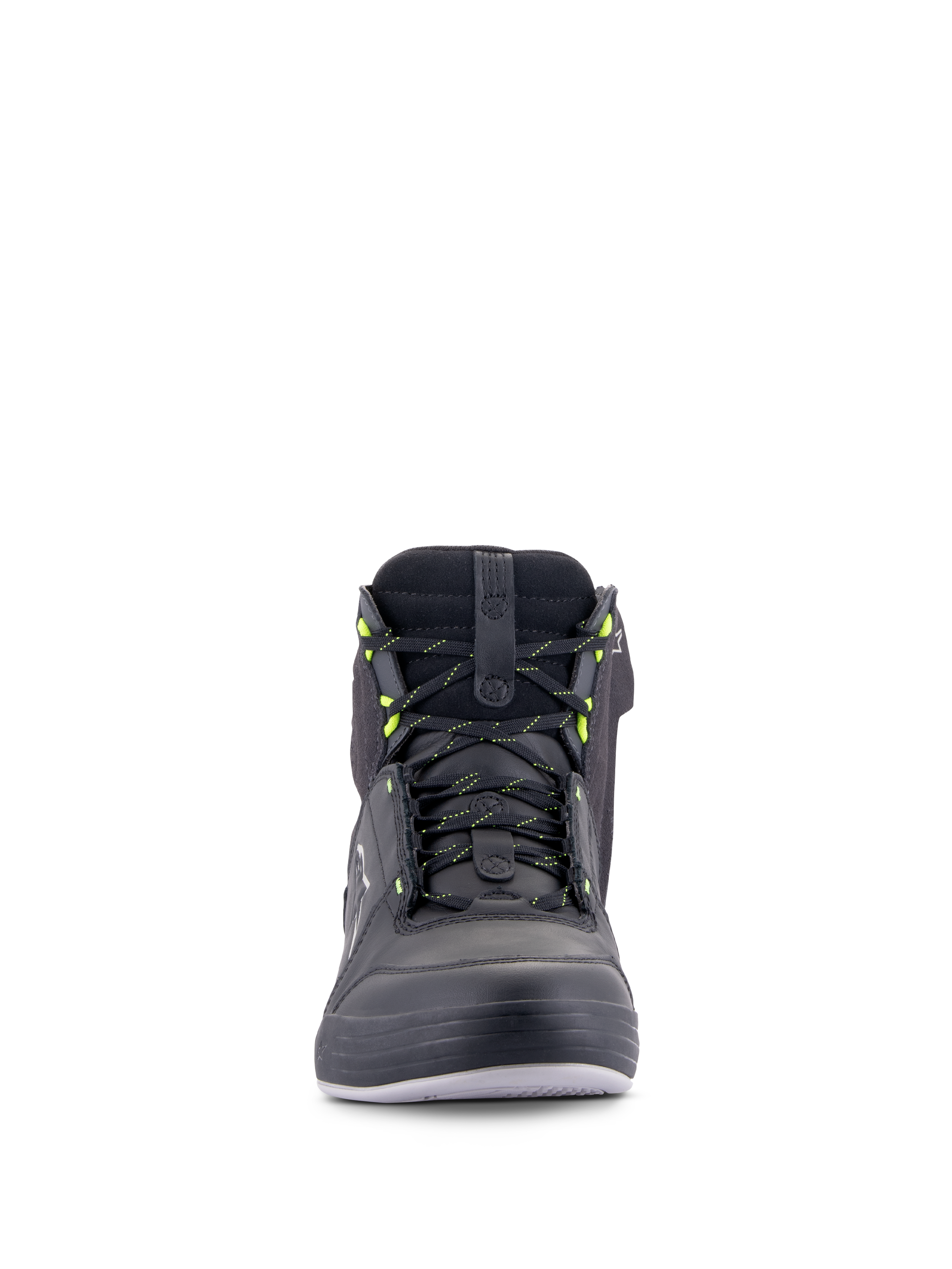Alpinestars Chrome Drystar® sko, urban motorcykelsko, sort mørkegrå gul fluo, set forfra med snørebånd med gule accenter, high-top læder- og ruskindskonstruktion, vandtæt casual streetwear-design