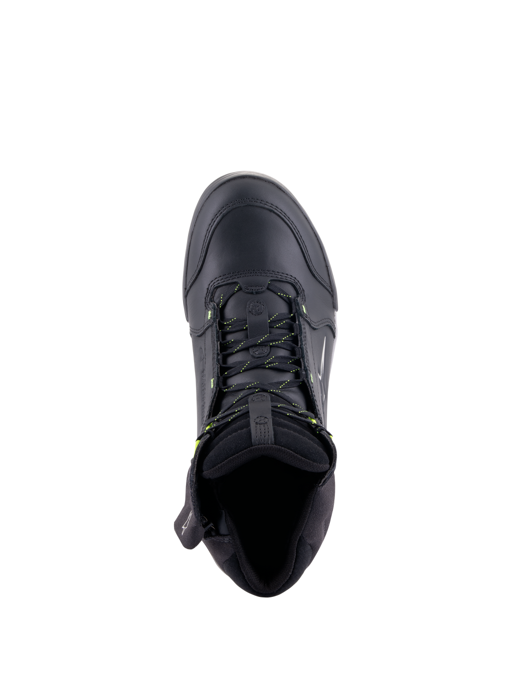 Alpinestars Chrome Drystar® Shoes, urbane motorcykelsko, sort og fluorescerende gul, set fra oven viser førsteklasses læderkonstruktion, snørebånd med gule detaljer og polstret krave for komfort