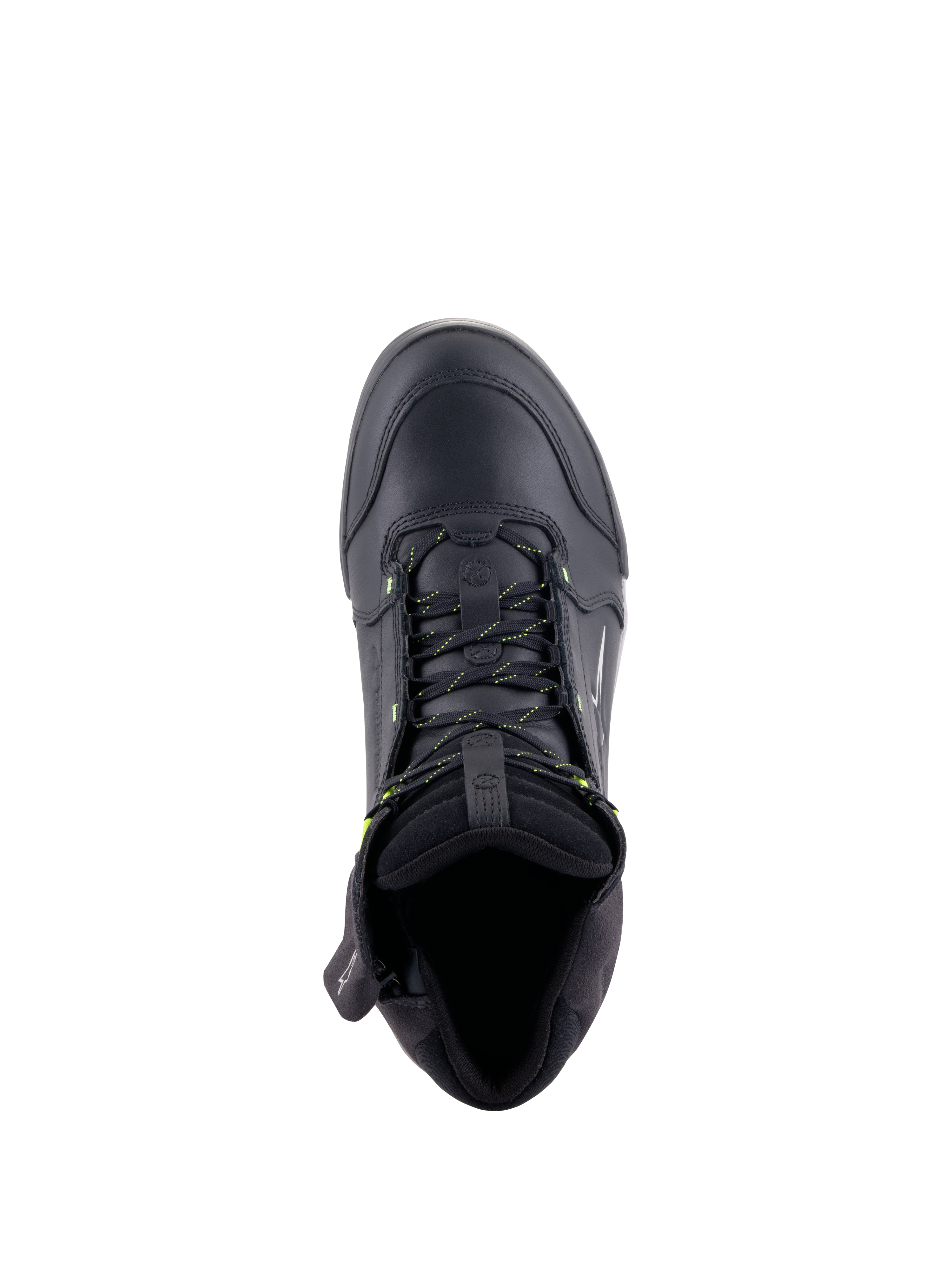 Alpinestars Chrome Drystar® Shoes, urbane motorcykelsko, sort og fluorescerende gul, set fra oven viser førsteklasses læderkonstruktion, snørebånd med gule detaljer og polstret krave for komfort