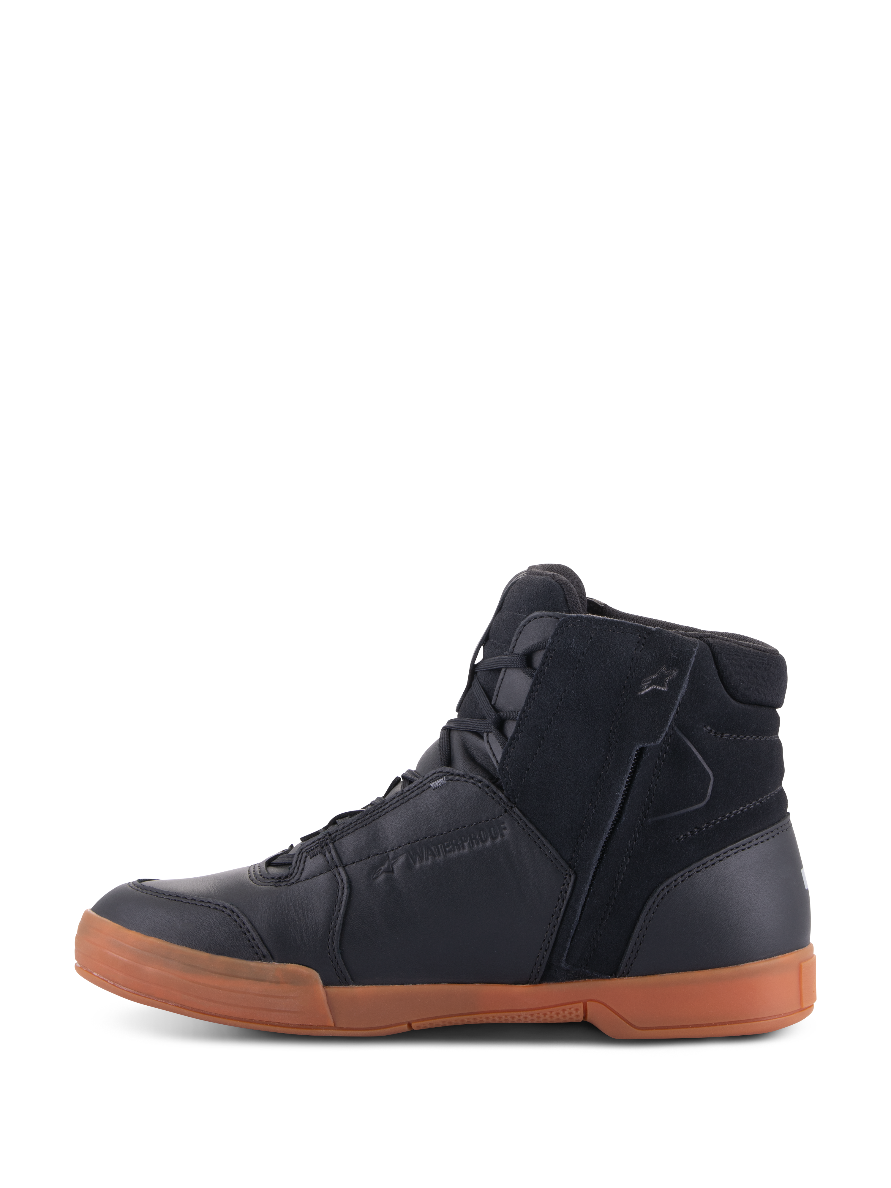Alpinestars Chrome Drystar® sko, Black Black Gum, urban motorcykelfodtøj med overdel i sort læder og ruskind, high-top sneaker-profil, gummifarvet gummisål, lynlåsåbning i siden