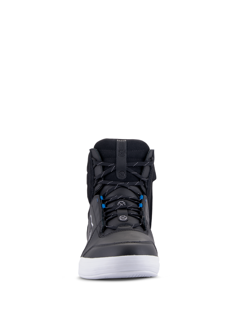 Alpinestars Chrome Drystar® sko, urbane motorcykelsko, sort, hvid og blå, set forfra med sort læderoverdel, hvid sål, blå snørebåndsdetaljer, afslappet high-top design til bykørsel
