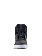 Alpinestars Chrome Drystar® sko, urbane motorcykelsko, sort, hvid og blå, set forfra med sort læderoverdel, hvid sål, blå snørebåndsdetaljer, afslappet high-top design til bykørsel