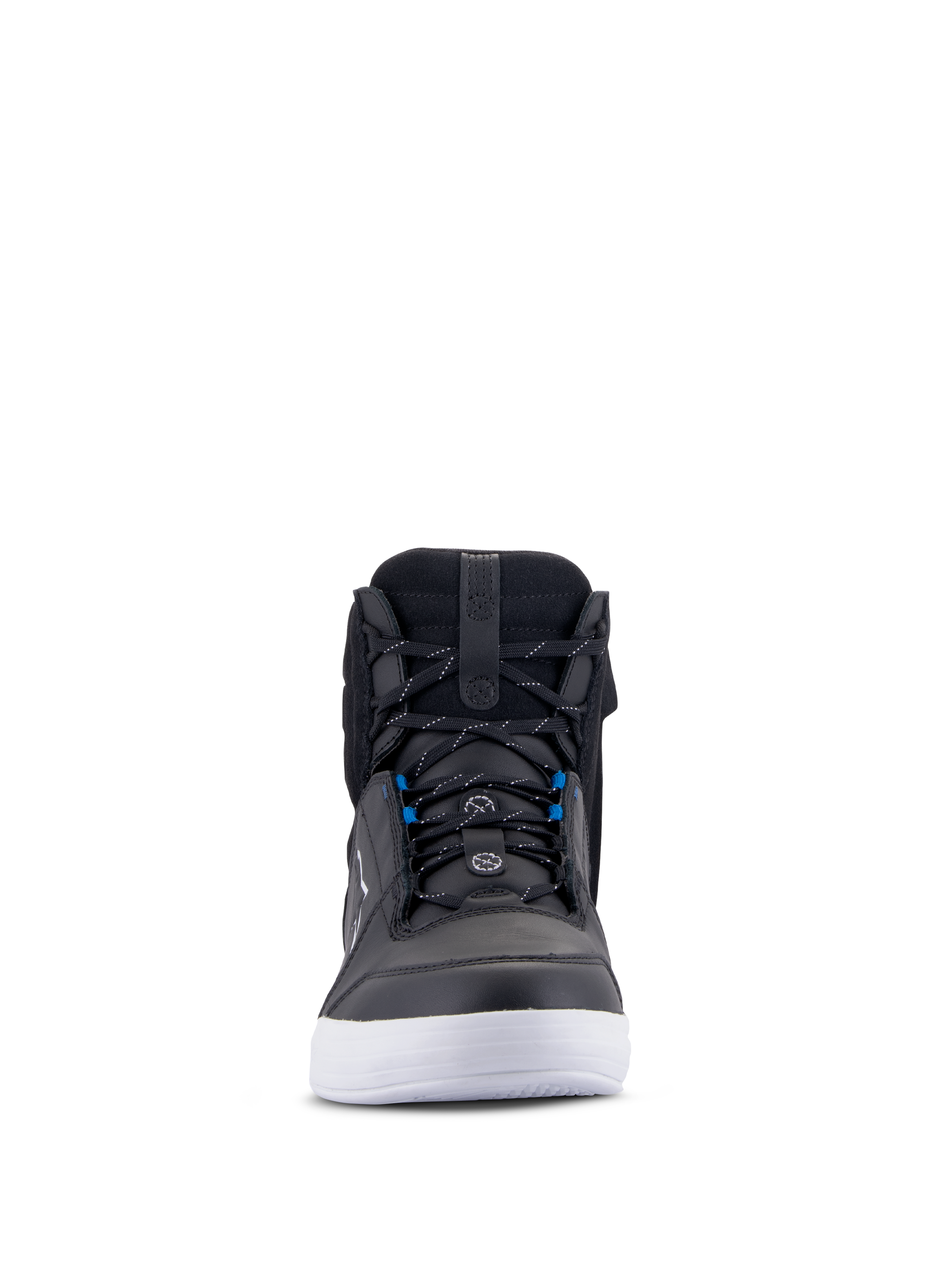 Alpinestars Chrome Drystar® sko, urbane motorcykelsko, sort, hvid og blå, set forfra med sort læderoverdel, hvid sål, blå snørebåndsdetaljer, afslappet high-top design til bykørsel