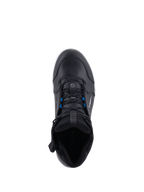 Alpinestars Chrome Drystar® sko, urban motorcykelsko, sort hvid blå, set fra oven med sorte snørebånd og blå detaljer, premium læderkonstruktion og beskyttende design i street-stil