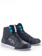 Alpinestars Chrome Drystar® sko, dame-motorcykelkøresko i sort, asfaltgrå og turkis læder, vandtæt membran til urban kørsel, hvid sål og Astars-logo.