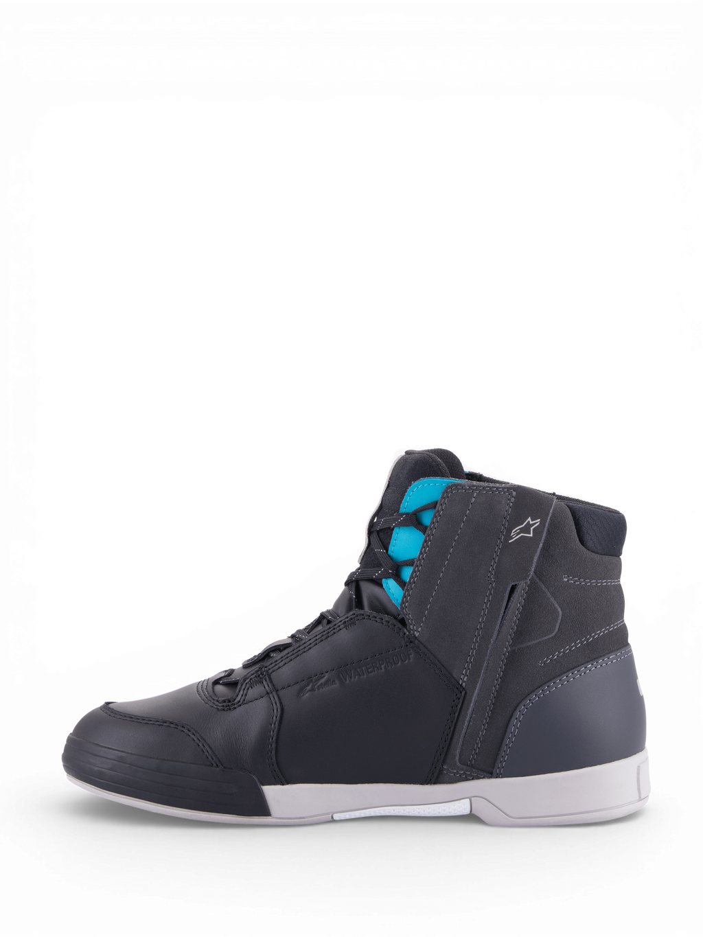Alpinestars Stella Chrome Drystar® køresko, vandtæt urban dame-motorcykelsko i sort læder med turkise detaljer.