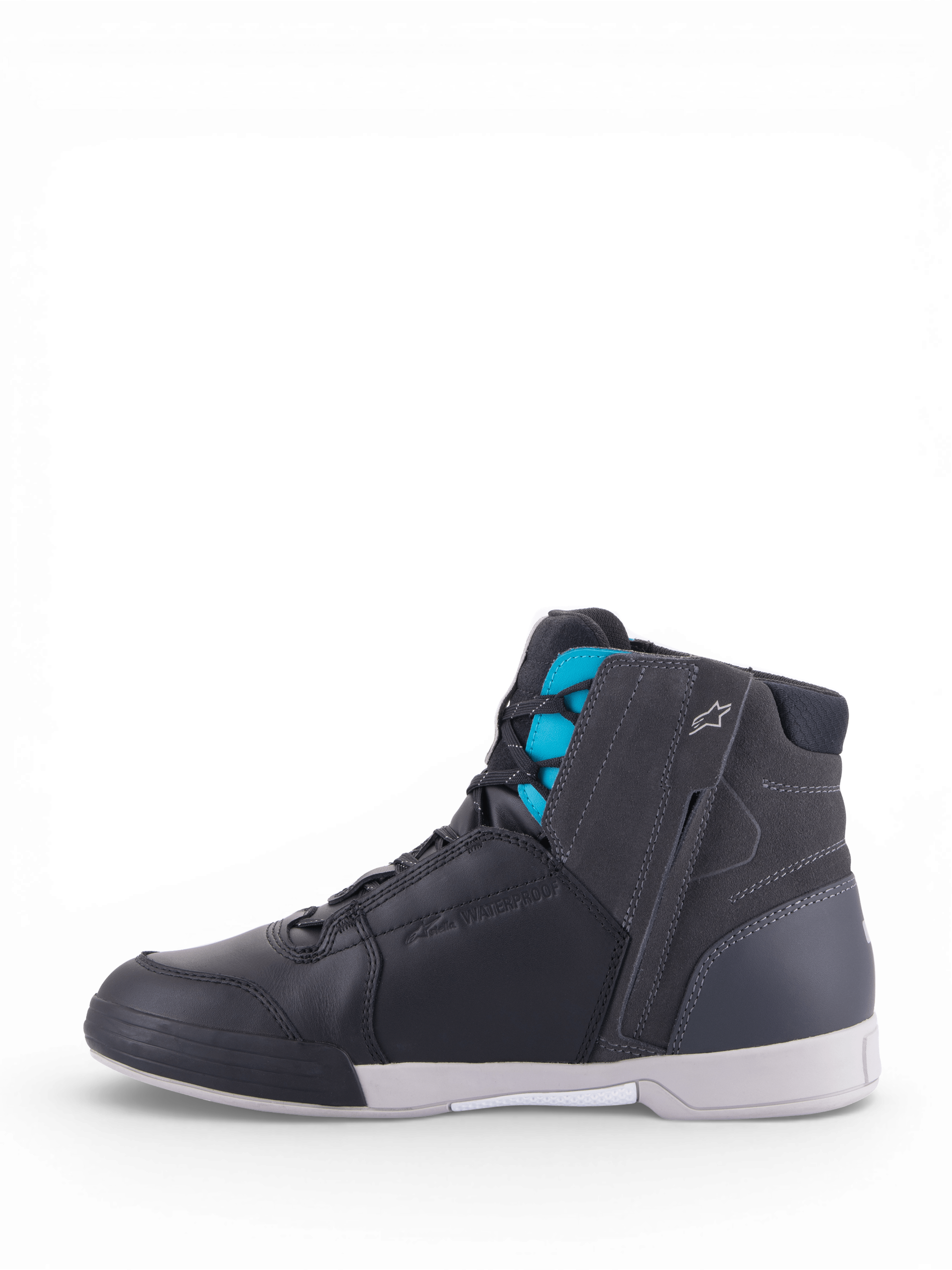 Alpinestars Stella Chrome Drystar® køresko, vandtæt urban dame-motorcykelsko i sort læder med turkise detaljer.