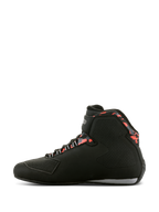 Alpinestars Sektor Waterproof sko, motorcykelsko, sort, mørkegrå og rød fluo, profilvisning fra siden med high-top design, velcro-ankelrem, forstærket gearskiftepude og mønstrede røde detaljer omkring kraven