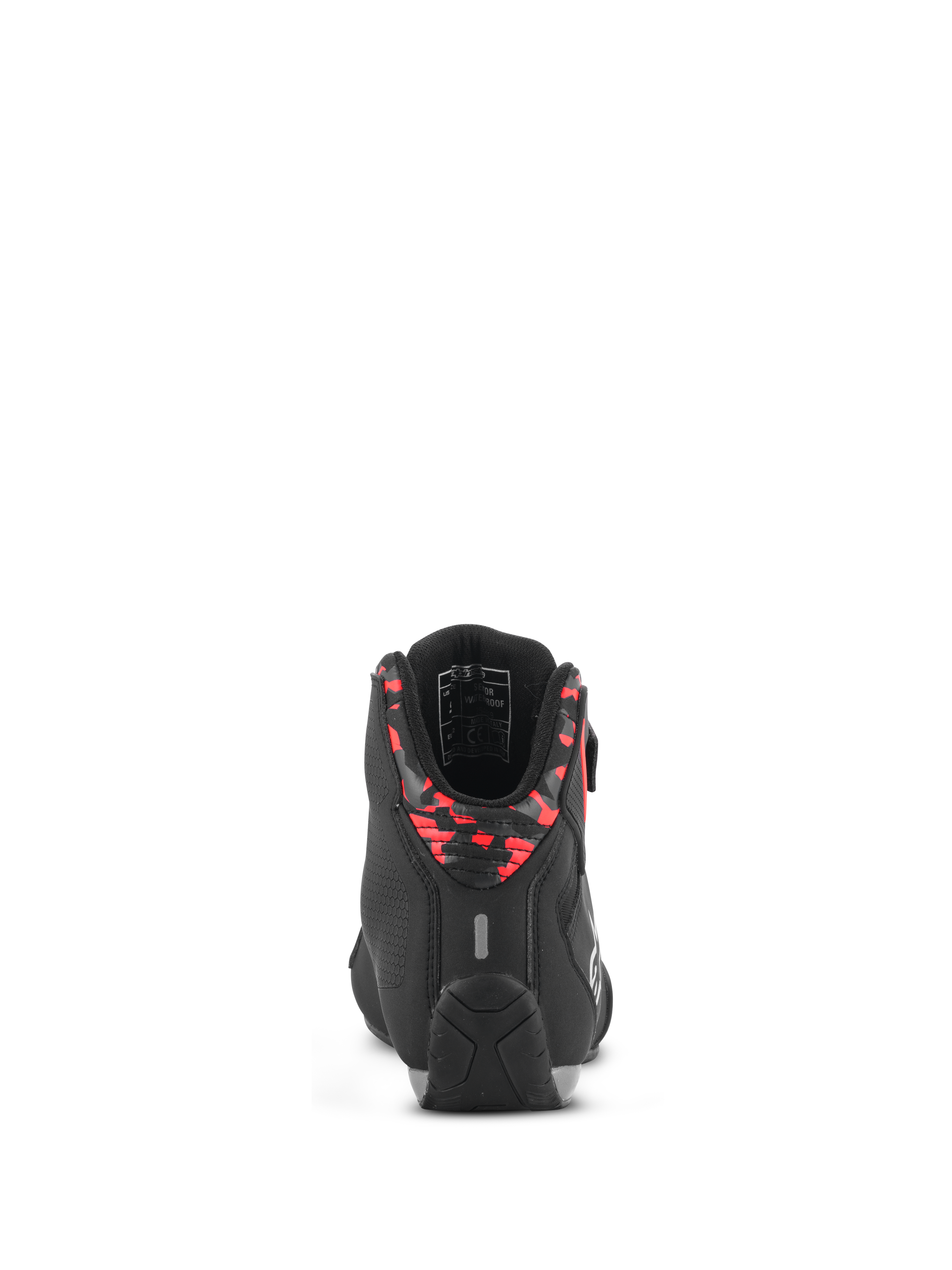 Alpinestars Sektor vandtætte sko, motorcykelsko, sort, mørkegrå og rød fluo, set bagfra som viser den mønstrede hælkrave, reflekterende detalje og slidstærk gummisål, letvægts mikrofiberkonstruktion