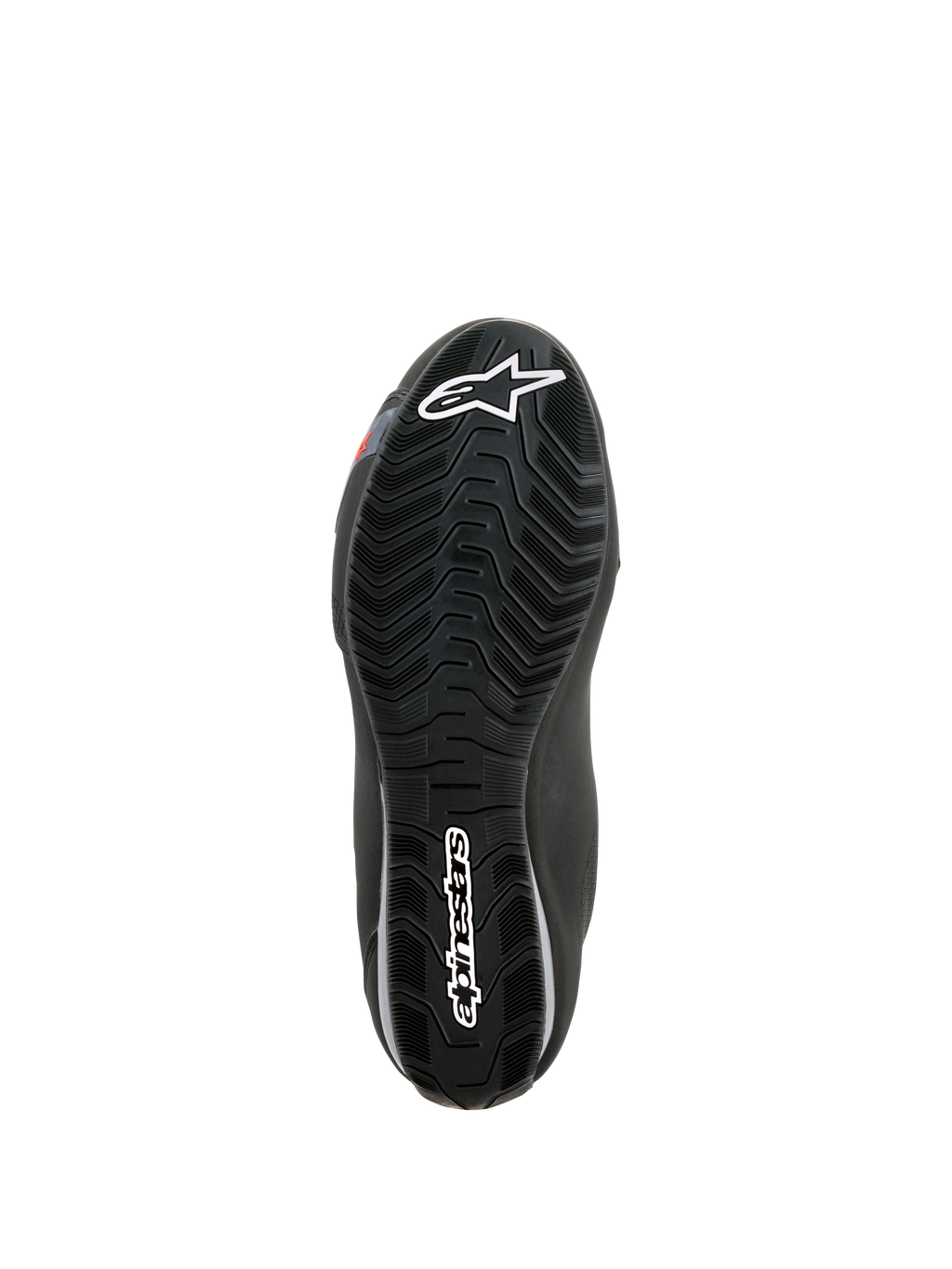 Alpinestars Sektor vandtætte sko, visning af sålen, sort gummi med bølgeformet mønster til vandafledning, med hvidt Astars-logo og Alpinestars-branding, designet til greb og støtte på motorcyklens fodhviler