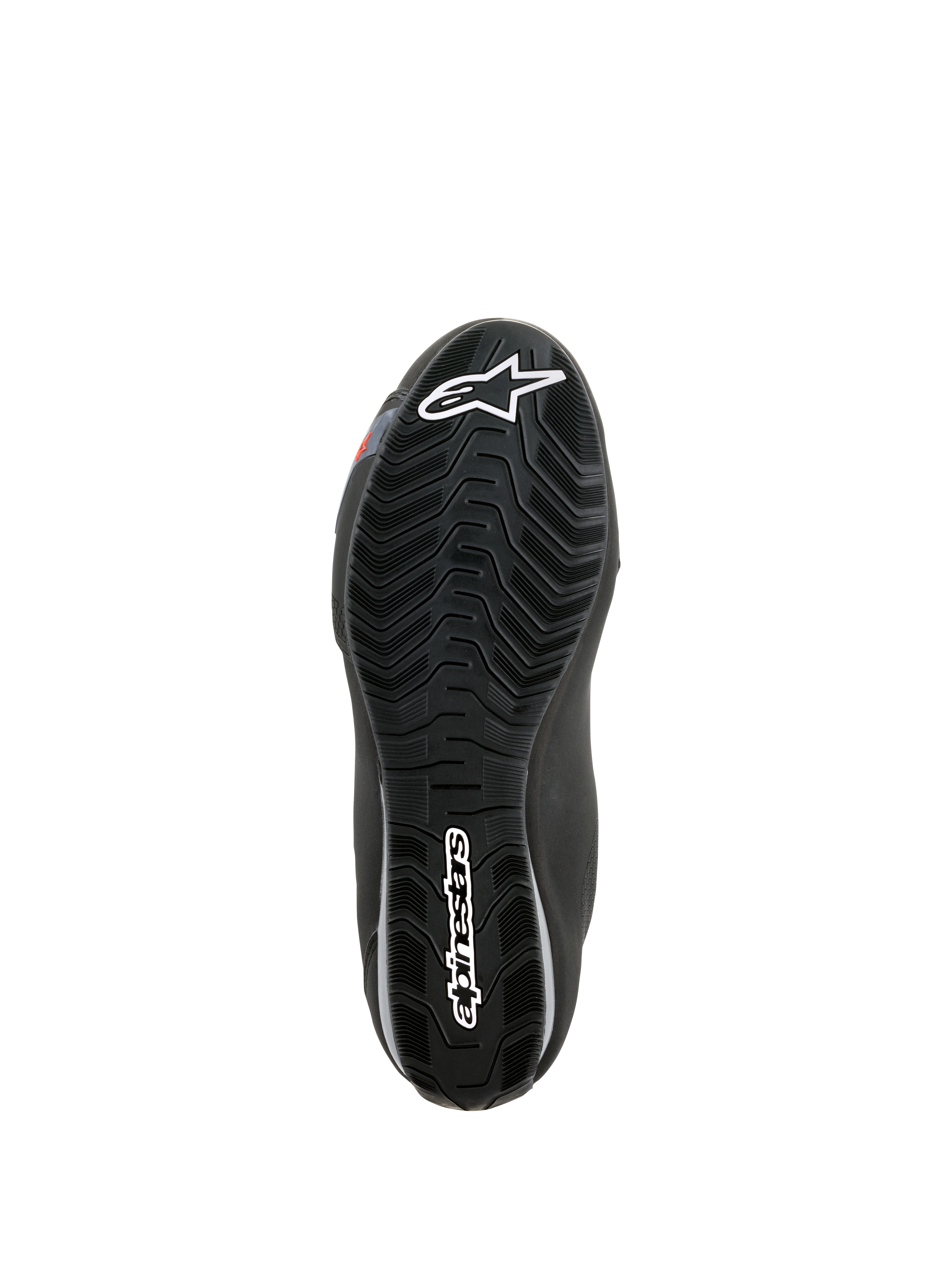 Alpinestars Sektor vandtætte sko, visning af sålen, sort gummi med bølgeformet mønster til vandafledning, med hvidt Astars-logo og Alpinestars-branding, designet til greb og støtte på motorcyklens fodhviler