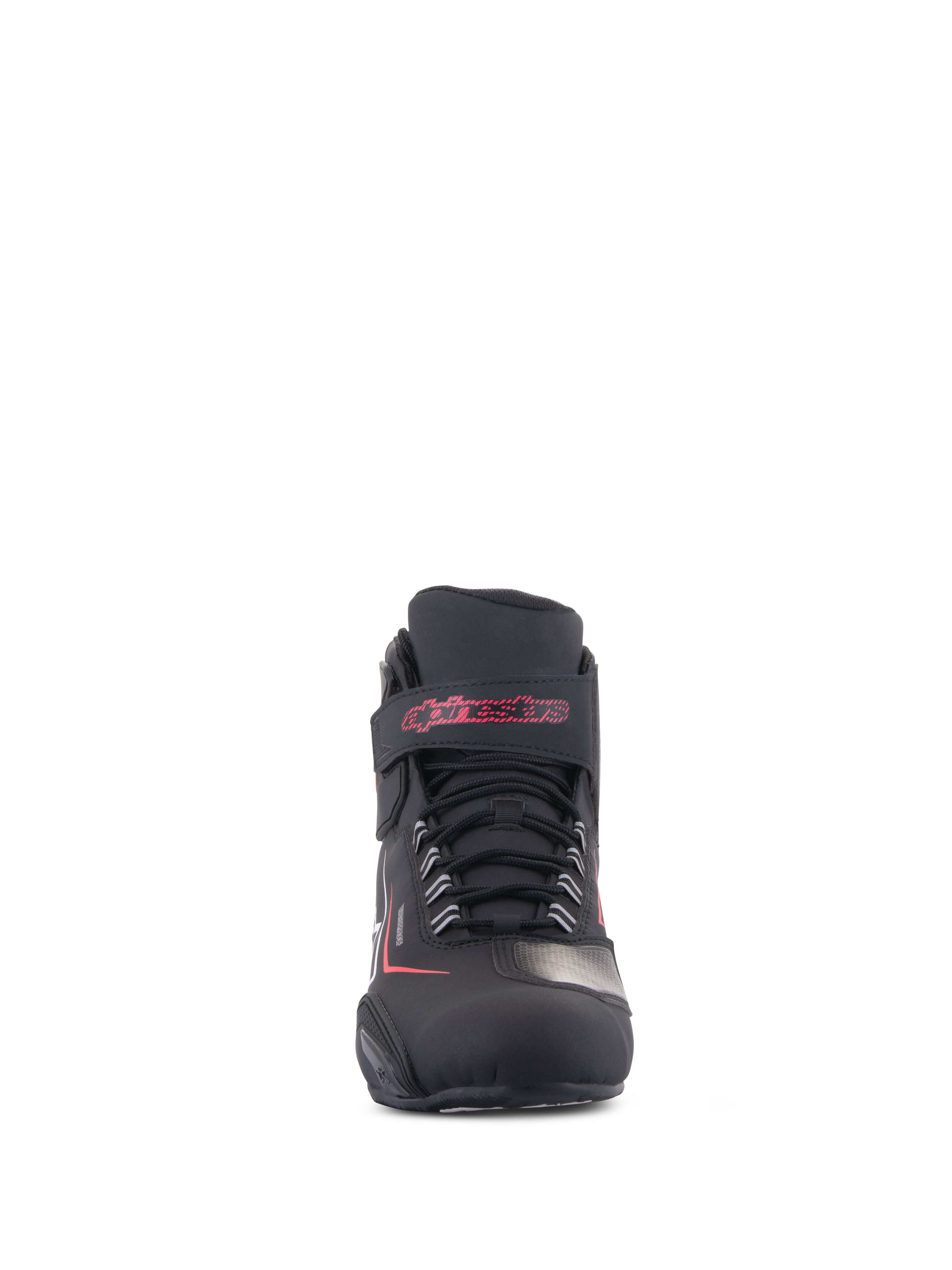 Alpinestars Sektor vandtætte sko, motorcykel-køresko, sort med hvide og røde detaljer, set forfra med et sikkert snøresystem og en velcro-ankelrem med rødt Alpinestars-navnetræk, holdbar mikrofiberfinish