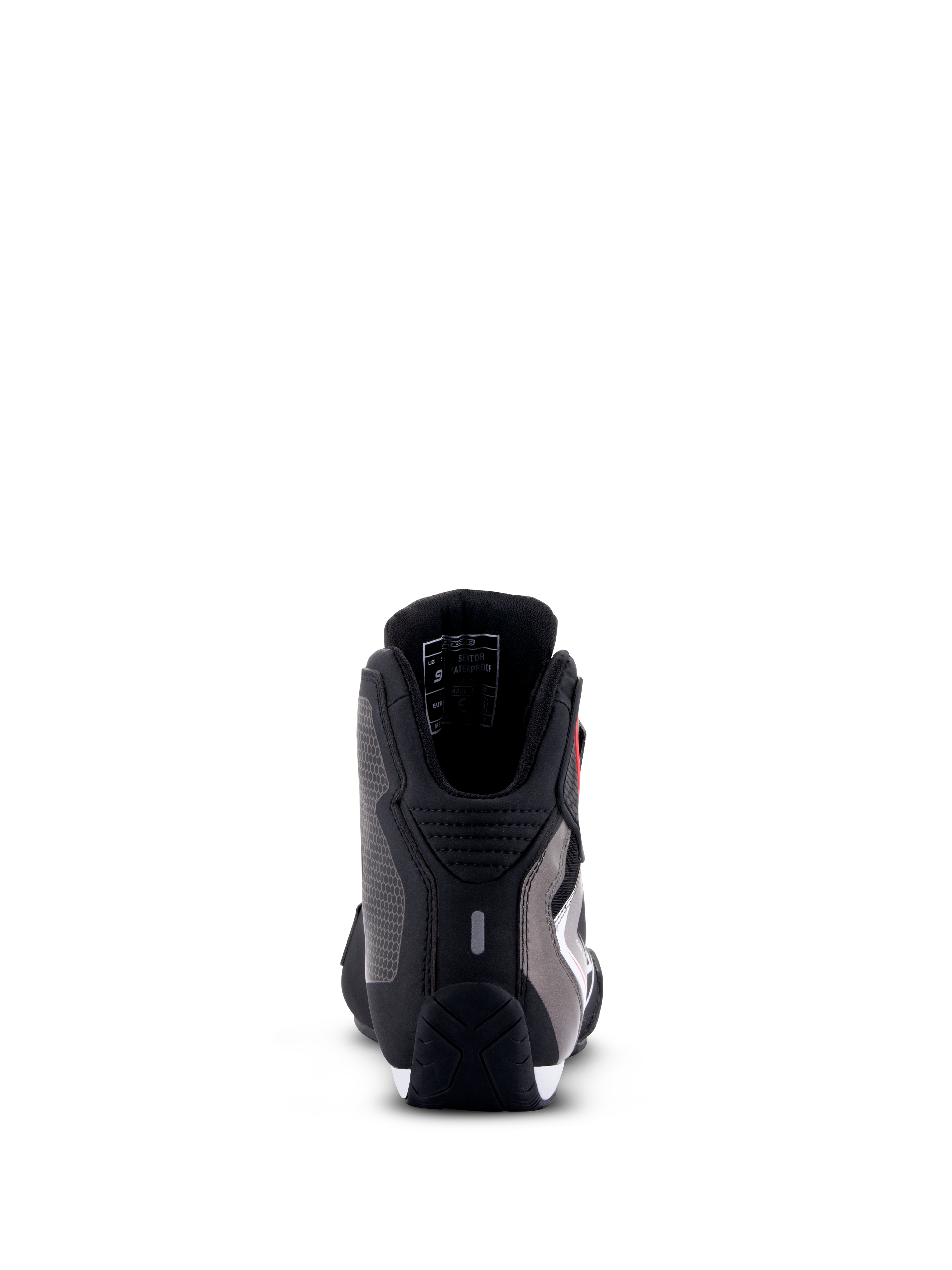 Alpinestars Sektor Vandtætte Sko, motorcykel køresko, sort hvid grå, set bagfra med hælbeskyttelse, mikrofiber-chassis og slidstærk gummisål.