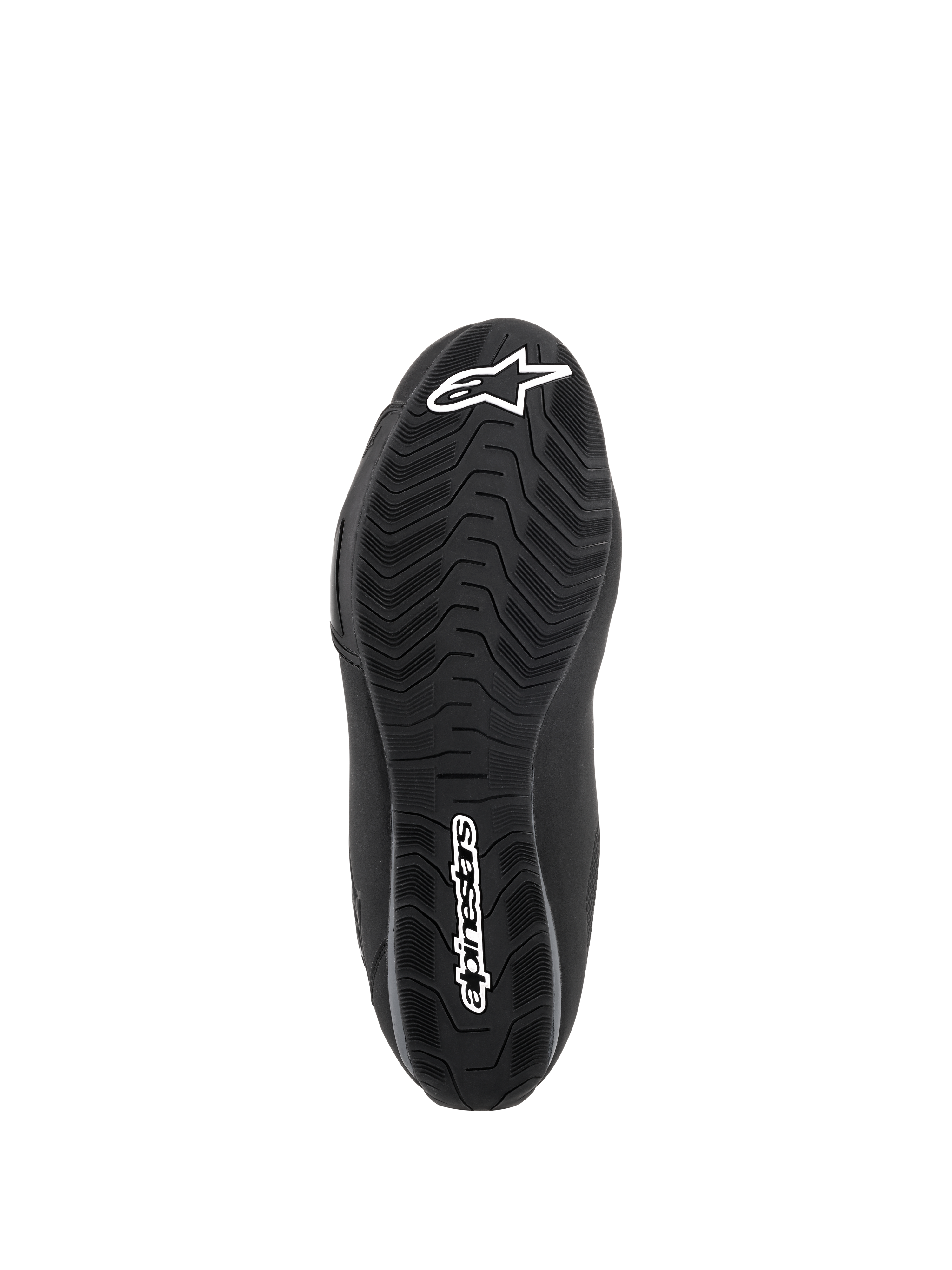 Alpinestars Sektor Waterproof sko, sort, undersiden af gummisålen, specialiseret slidbanemønster til vandafledning og greb, hvidt stjernelogo og Alpinestars-navnetræk
