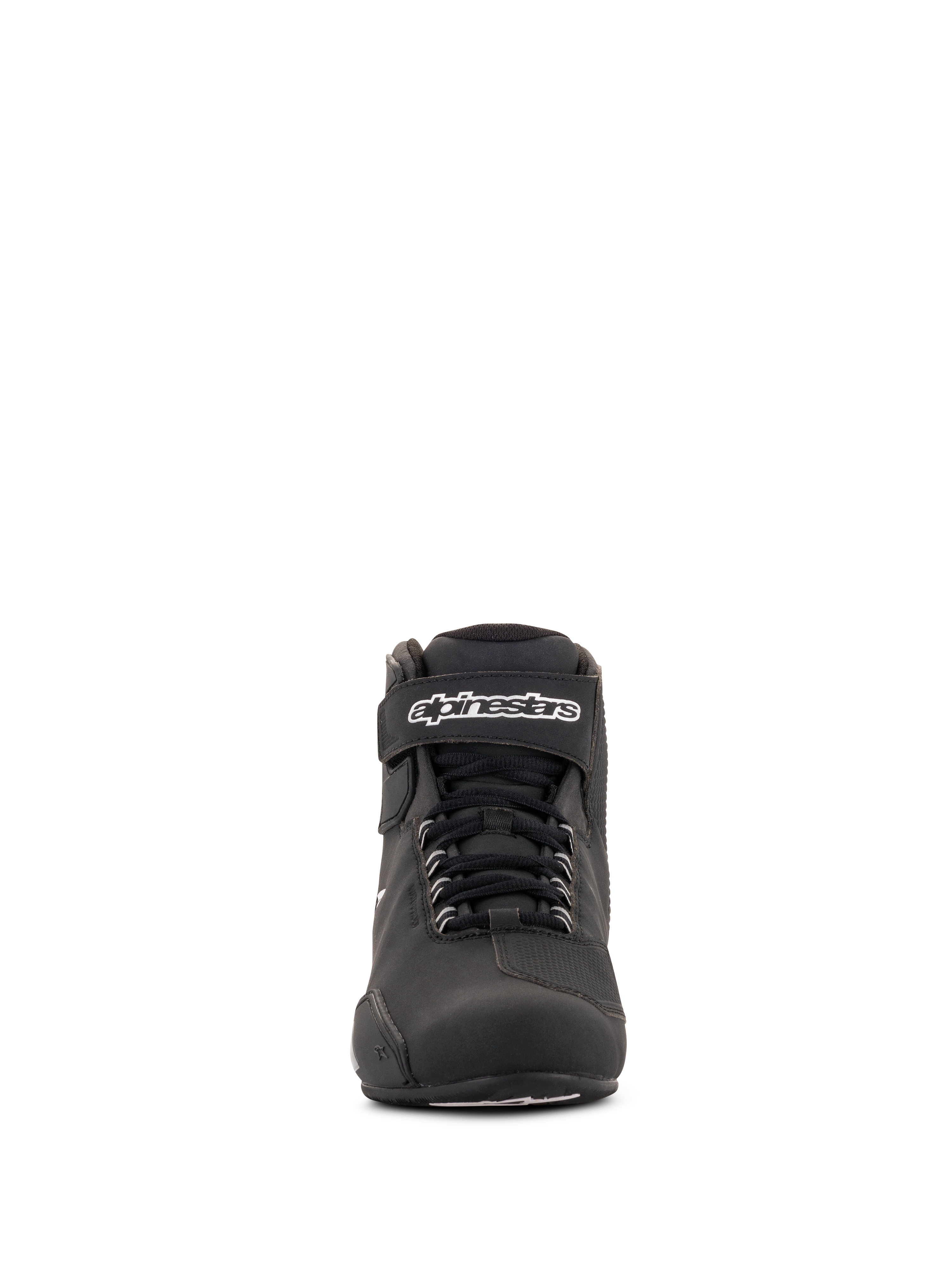 Alpinestars Women Stella Sektor Waterproof Shoes, Black and Silver, front view, low-cut motorcycle riding shoe featuring speed lace system, Velcro ankle strap with white branding, and durable microfiber construction.
