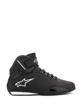 Alpinestars Women Stella Sektor Waterproof Shoes, Black and Silver, side profile of a high-top motorcycle riding shoe featuring a lightweight microfiber chassis, white Astars logo, and secure lace and strap closure