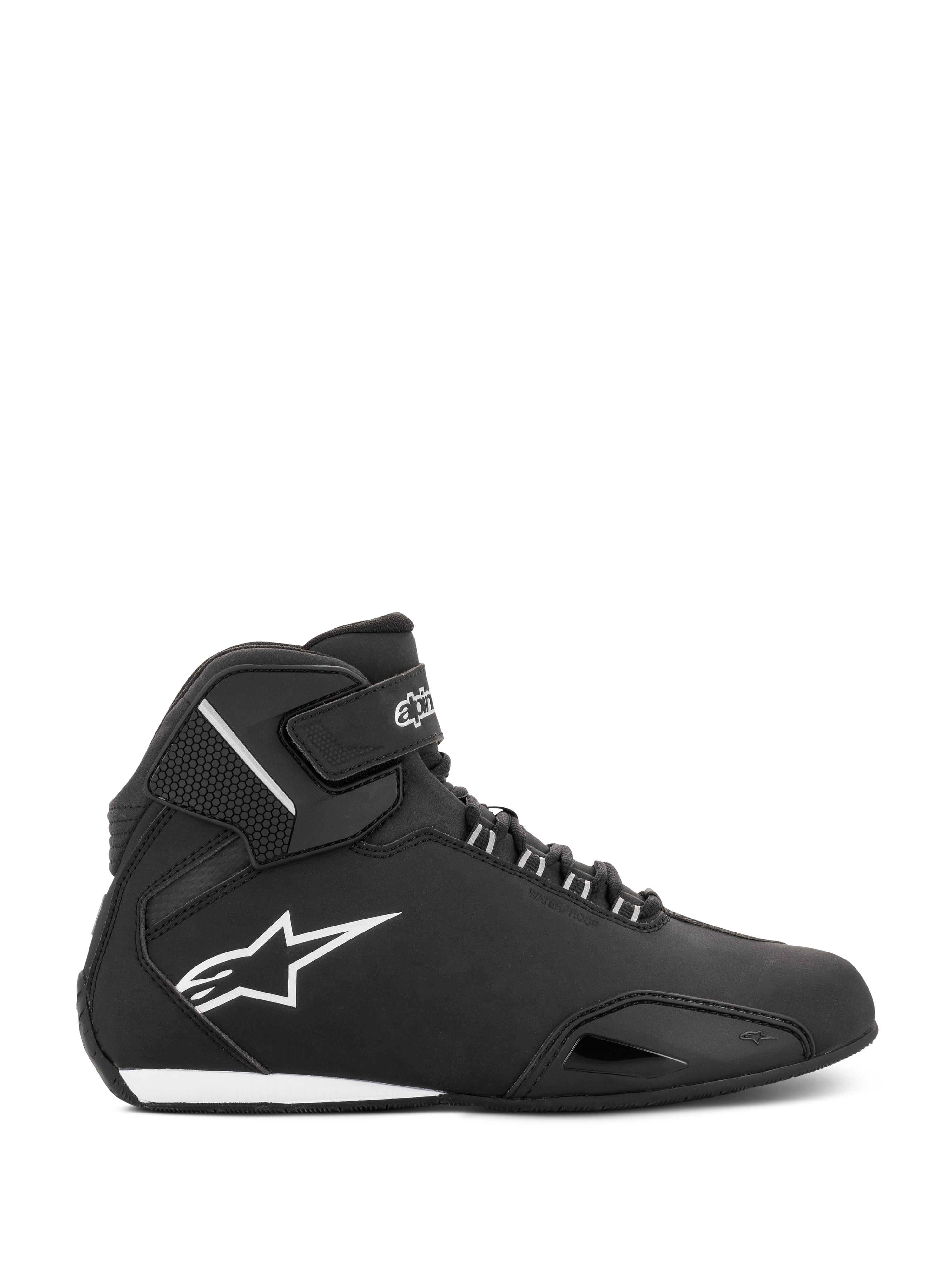 Alpinestars Stella Sektor vandtætte sko til damer, sort og sølv, sideprofil af en high-top motorcykelkøresko med et let mikrofiberchassis, hvidt Astars-logo og sikker snøre- og remlukning