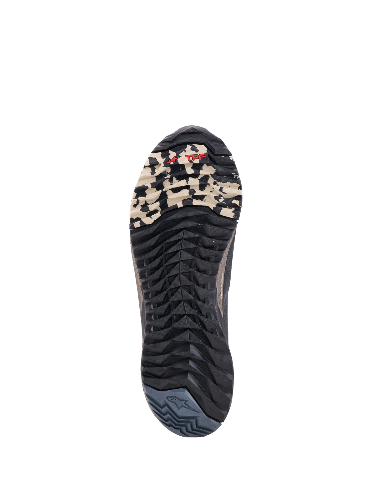 Alpinestars CR-X GORE-TEX Shoes, All-Terrain Motorcycle Riding Shoes, Black and Beige, detailed view of the durable rubber outsole tread pattern with TPF protection and red logo