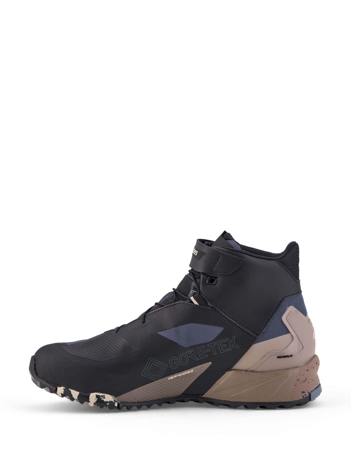 Alpinestars Cr-X Gore-Tex Shoes, Motorcycle Riding Shoes, Black Dark Gray and Beige, waterproof GORE-TEX membrane with shift pad zone and high-top closure, CE certified all-terrain footwear