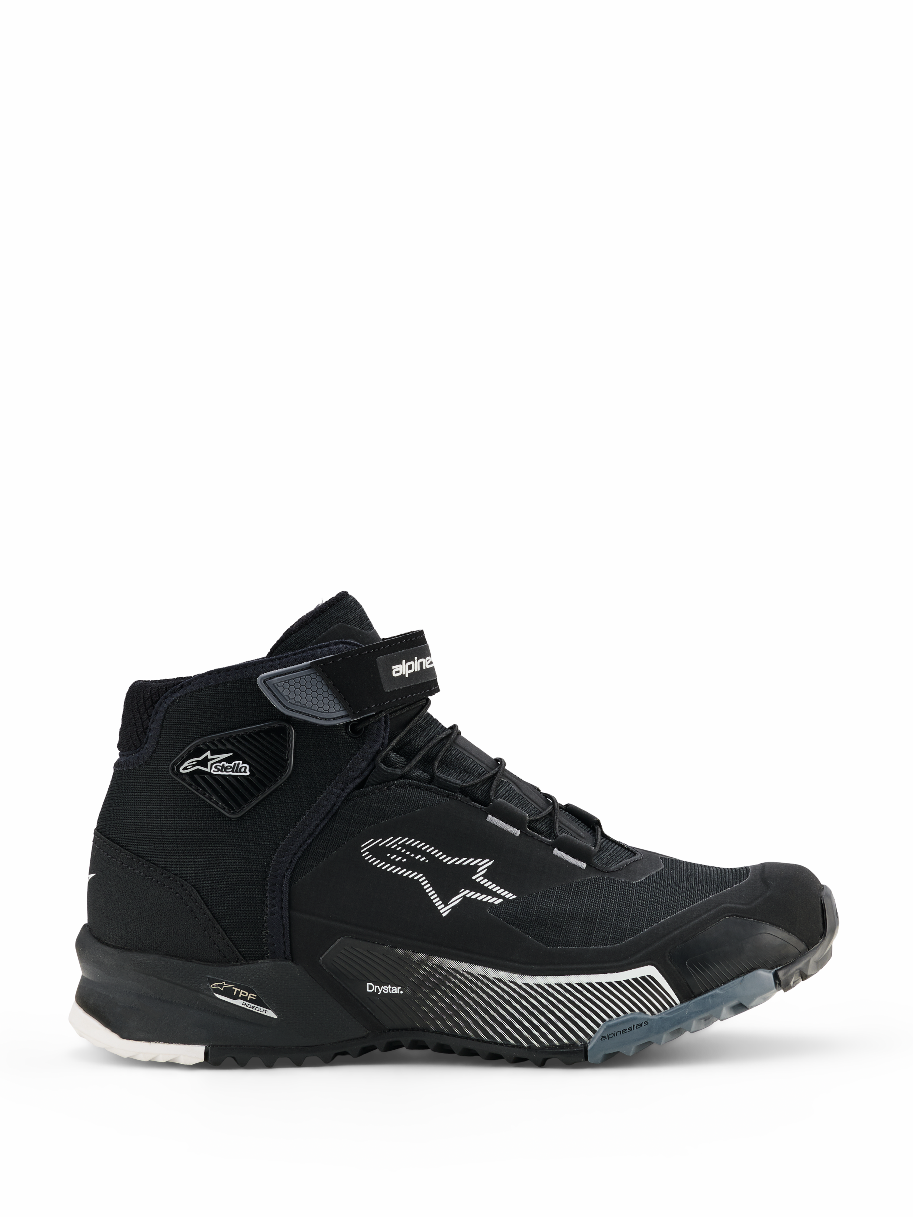 Alpinestars CR-X Drystar® køresko til damer, sorte high-top motorcykelsneakers, sidevisning af urbant kørefodtøj til kvinder med snørelukning og velcro-ankelrem, hvidt Alpinestars stjernelogo, 'Drystar' og 'TPF' branding på mellemsålen, robust gummisål med hvide og grå mønstre