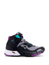 Alpinestars CR-X Women's Drystar® Riding Shoe, Black Gray Plum Teal, high-top motorcycle footwear, white Alpinestars logo on side, purple outsole and heel padding, teal accents on ankle strap and lace loops, sleek sporty design for touring and commuting