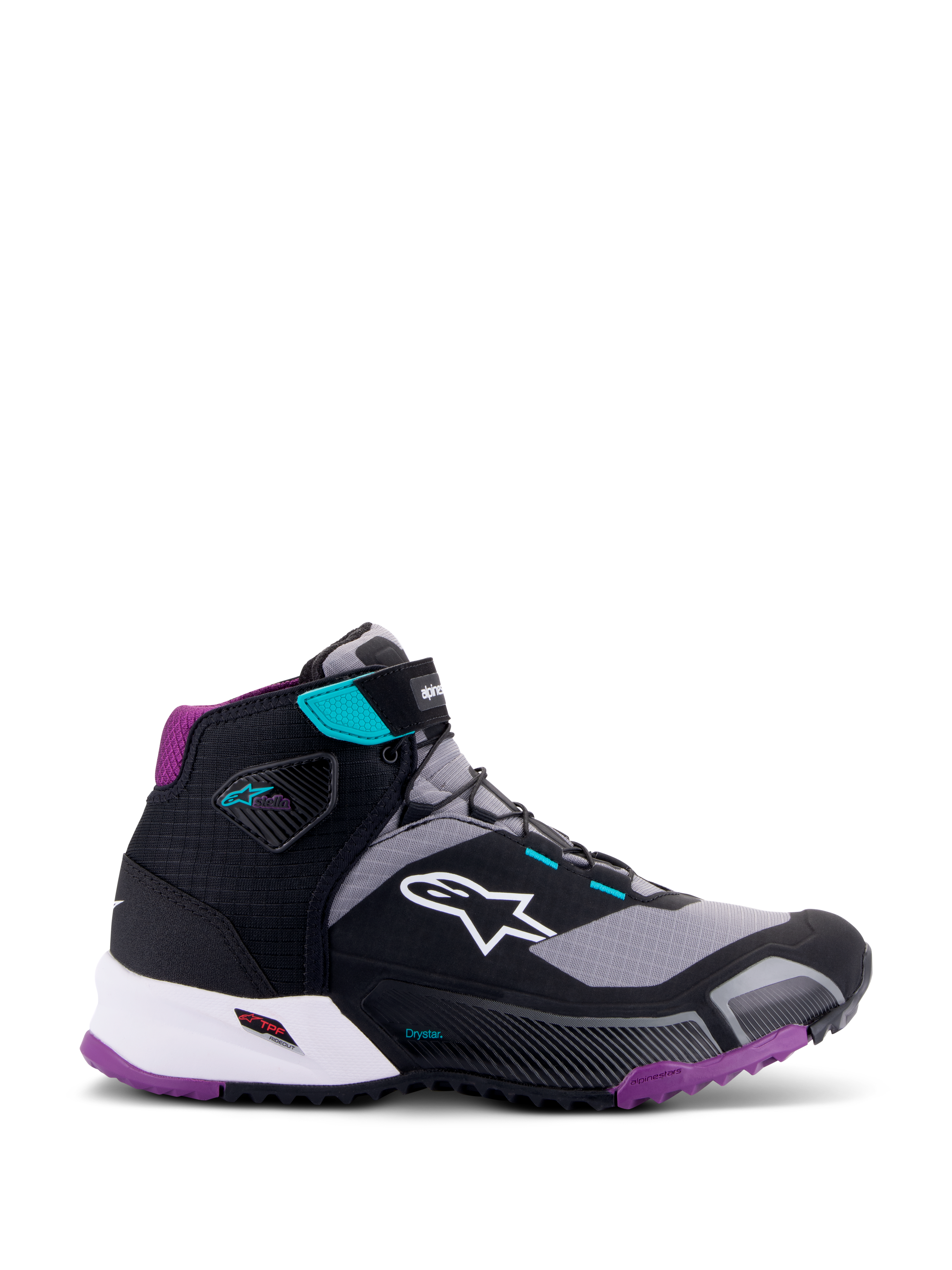 Alpinestars CR-X Women's Drystar® Riding Shoe, Black Gray Plum Teal, high-top motorcycle footwear, white Alpinestars logo on side, purple outsole and heel padding, teal accents on ankle strap and lace loops, sleek sporty design for touring and commuting
