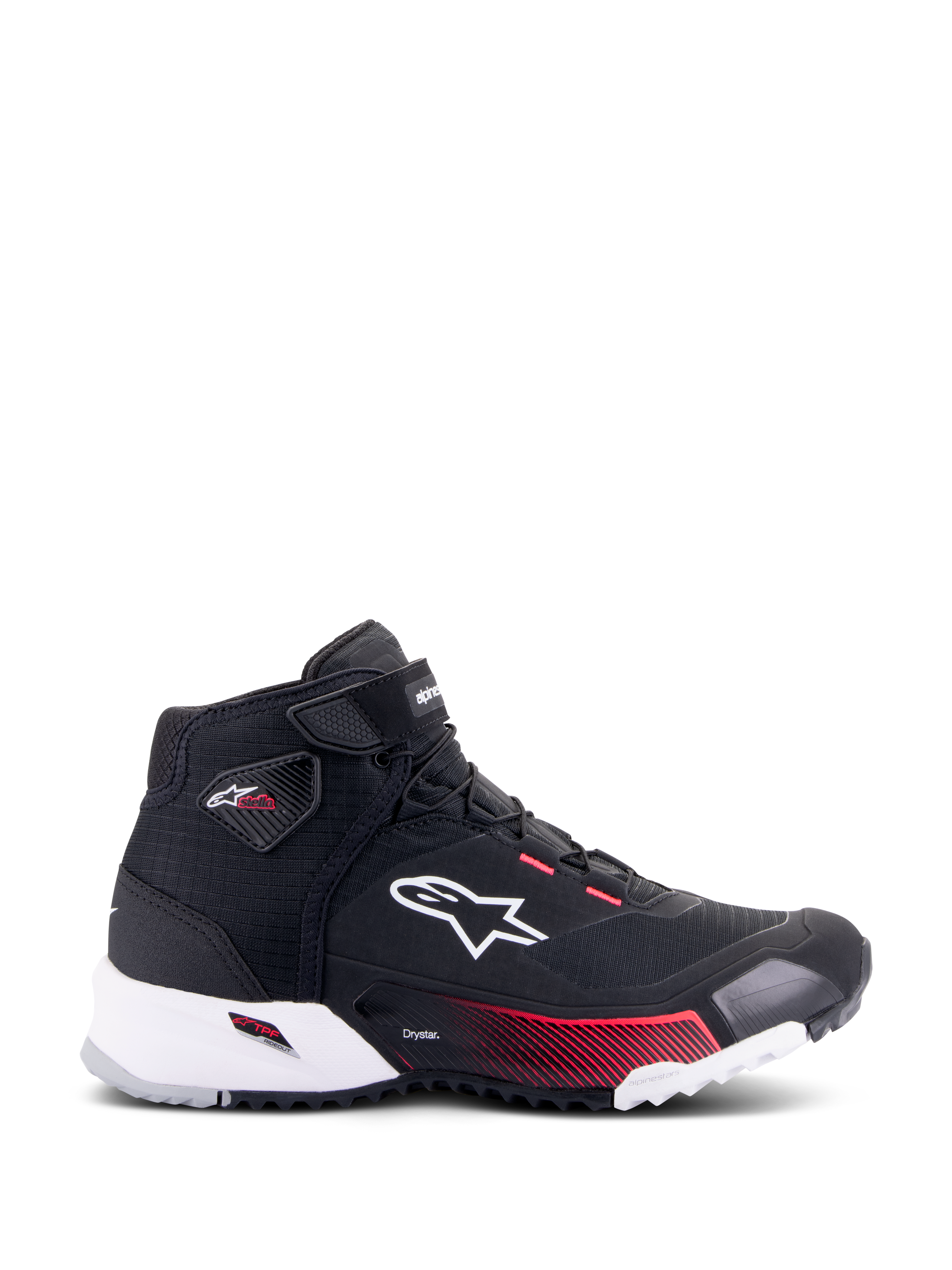 Alpinestars CR-X Women's Drystar® Riding Shoe, Motorcycle Riding Shoe, Black White and Diva Pink, profile view showing white Alpinestars logo, pink gradient accents on the midsole, and Stella branding on the ankle, sleek waterproof sneaker-style design.