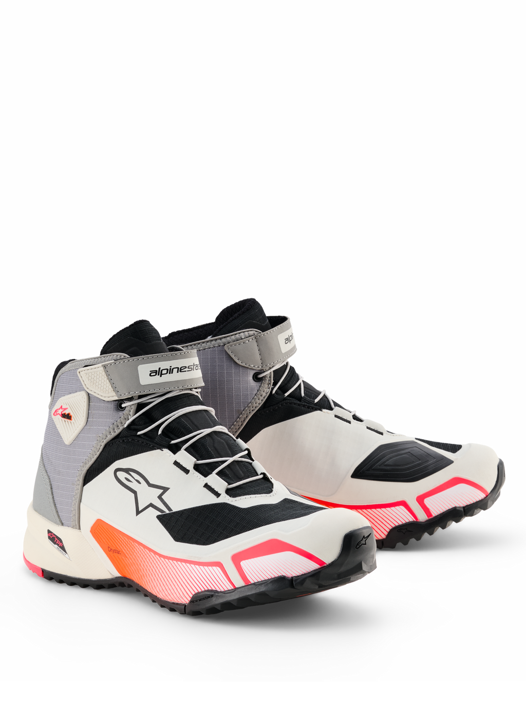 Alpinestars CR-X Drystar® køresko til damer, motorcykelsko, hvid, mellemgrå, sort og diva pink, strømlinet atletisk silhuet med livlige pink gradientdetaljer, velcro-ankelremme og Astar-logo på siden, vandtæt beskyttende fodtøj til landevejskørsel