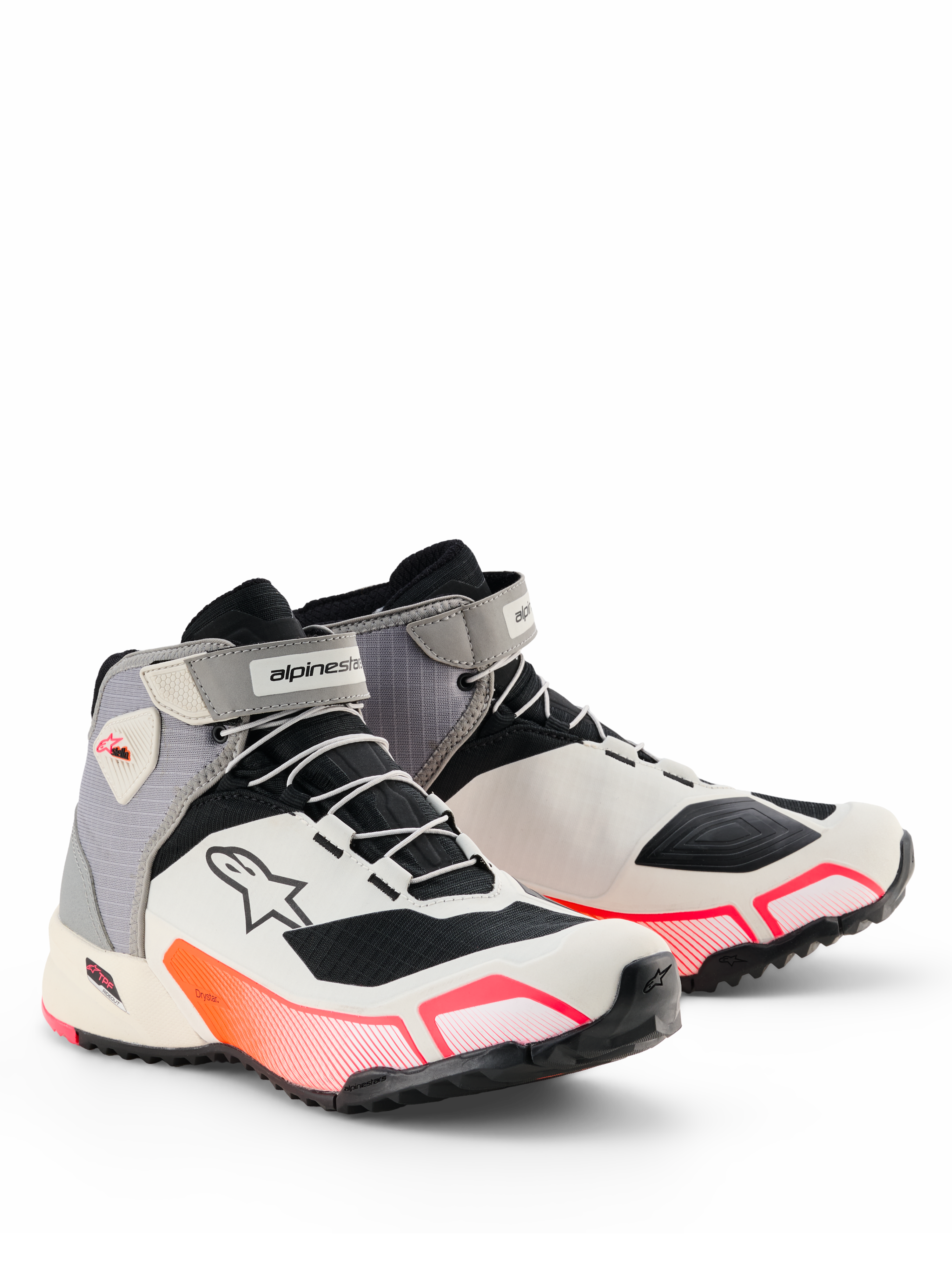 Alpinestars CR-X Drystar® køresko til damer, motorcykelsko, hvid, mellemgrå, sort og diva pink, strømlinet atletisk silhuet med livlige pink gradientdetaljer, velcro-ankelremme og Astar-logo på siden, vandtæt beskyttende fodtøj til landevejskørsel