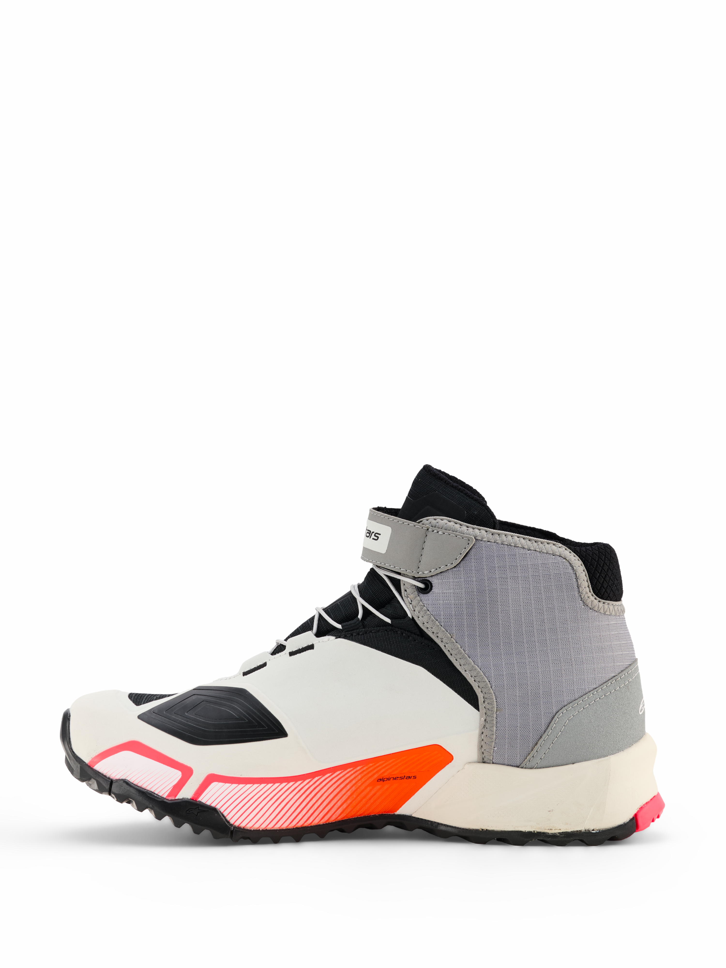 Alpinestars CR-X Drystar® køresko til damer, motorcykel-fodtøj i hvid, mellemgrå, sort og Diva Pink, sideprofil med et sporty design med ankelrem og tyk sål, designet til heldagskomfort og beskyttelse