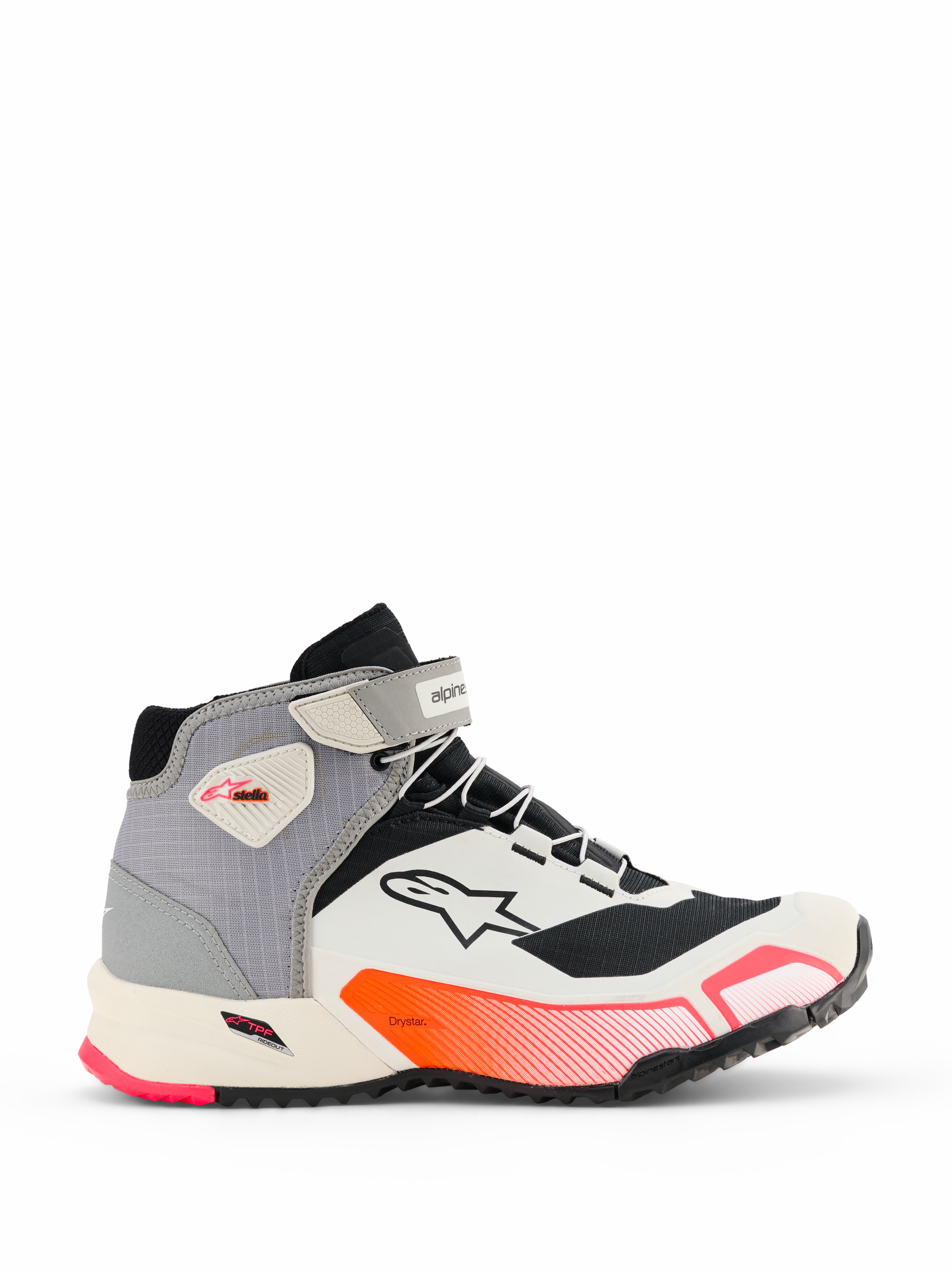 Alpinestars CR-X Women's Drystar® Riding Shoes, mid-top motorcykelsko i hvid, mellemgrå, sort og Diva Pink, sidevisning med ankelrem, tekstureret sål med greb og atletisk design til urban pendling.