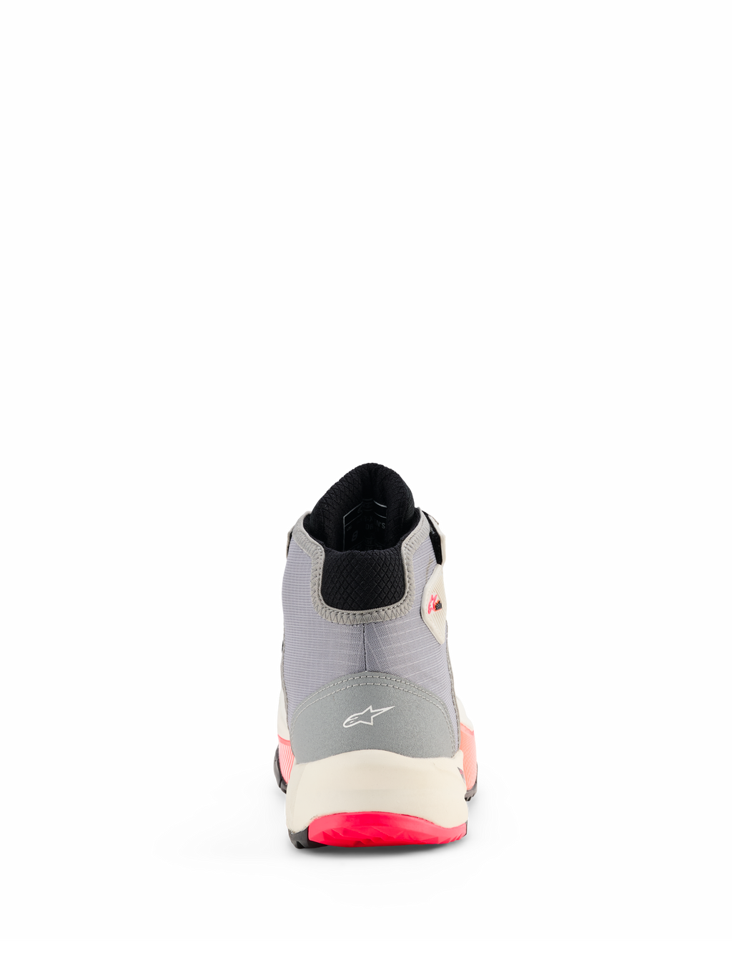 Alpinestars CR-X Drystar® køresko til damer, motorcykelsko, hvid, mellemgrå, sort og Diva Pink, set bagfra, der viser hælkonstruktion med Alpinestars-logo, hvid mellemsål og klare lyserøde detaljer på ydersålen.