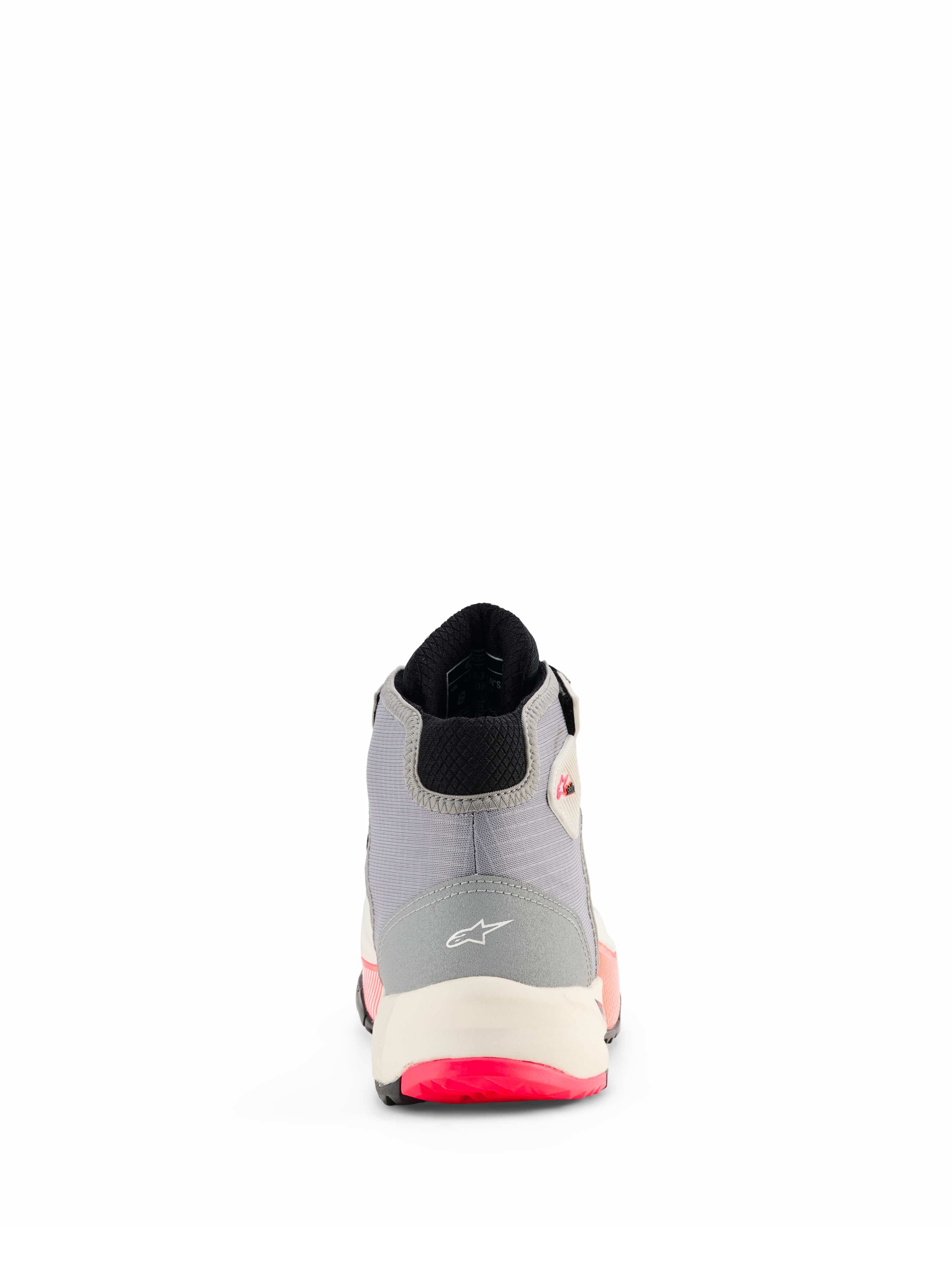 Alpinestars CR-X Drystar® køresko til damer, motorcykelsko, hvid, mellemgrå, sort og Diva Pink, set bagfra, der viser hælkonstruktion med Alpinestars-logo, hvid mellemsål og klare lyserøde detaljer på ydersålen.