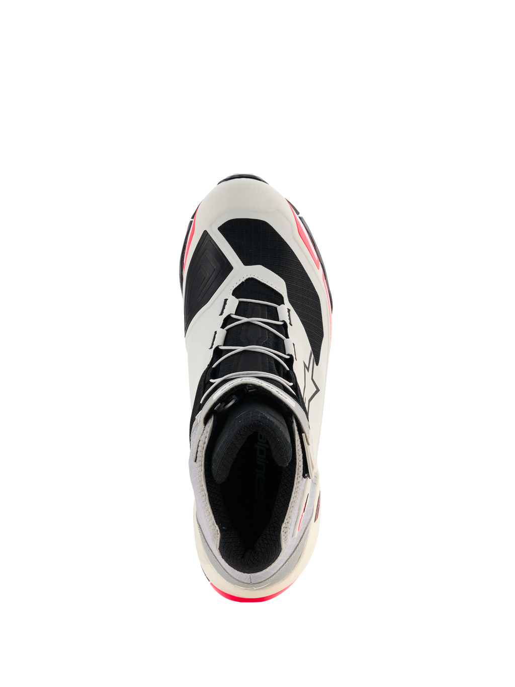 Alpinestars CR-X Drystar® køresko til damer, hvid, mellemgrå, sort og Diva Pink, set oppefra med fokus på snøresystem og indvendig foring, løbesko-inspireret design med pink detaljer, vandtæt motorcykelfodtøj