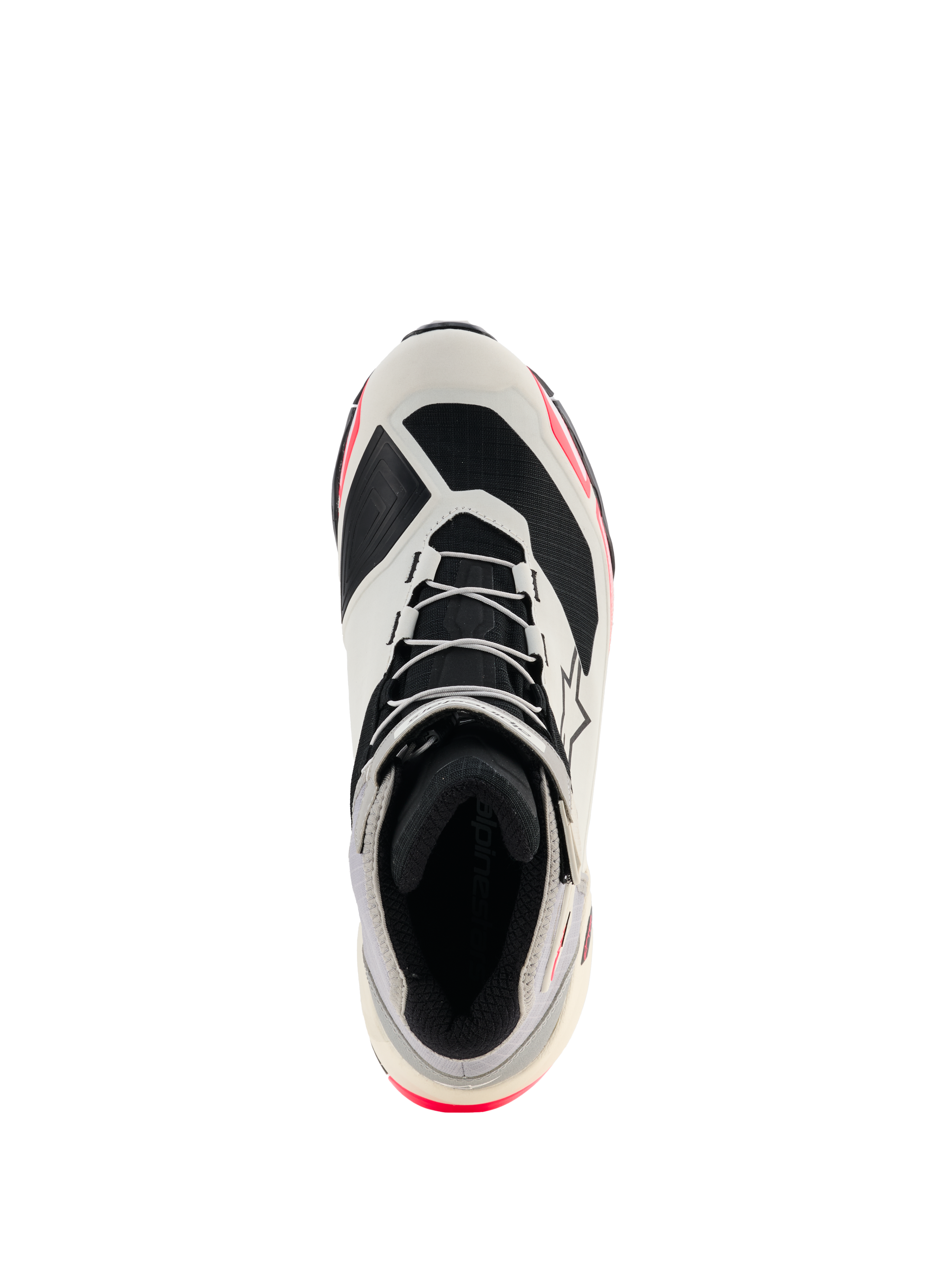 Alpinestars CR-X Drystar® køresko til damer, hvid, mellemgrå, sort og Diva Pink, set oppefra med fokus på snøresystem og indvendig foring, løbesko-inspireret design med pink detaljer, vandtæt motorcykelfodtøj