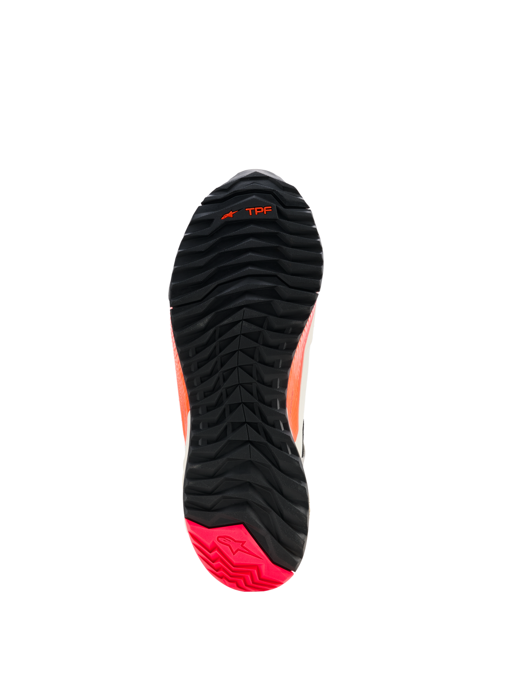 Alpinestars CR-X Drystar® køresko til damer, visning af ydersål, sort med Diva Pink hæl, robust slidbanemønster med asymmetrisk knopkonfiguration, fleksriller i forfoden og TPF-branding