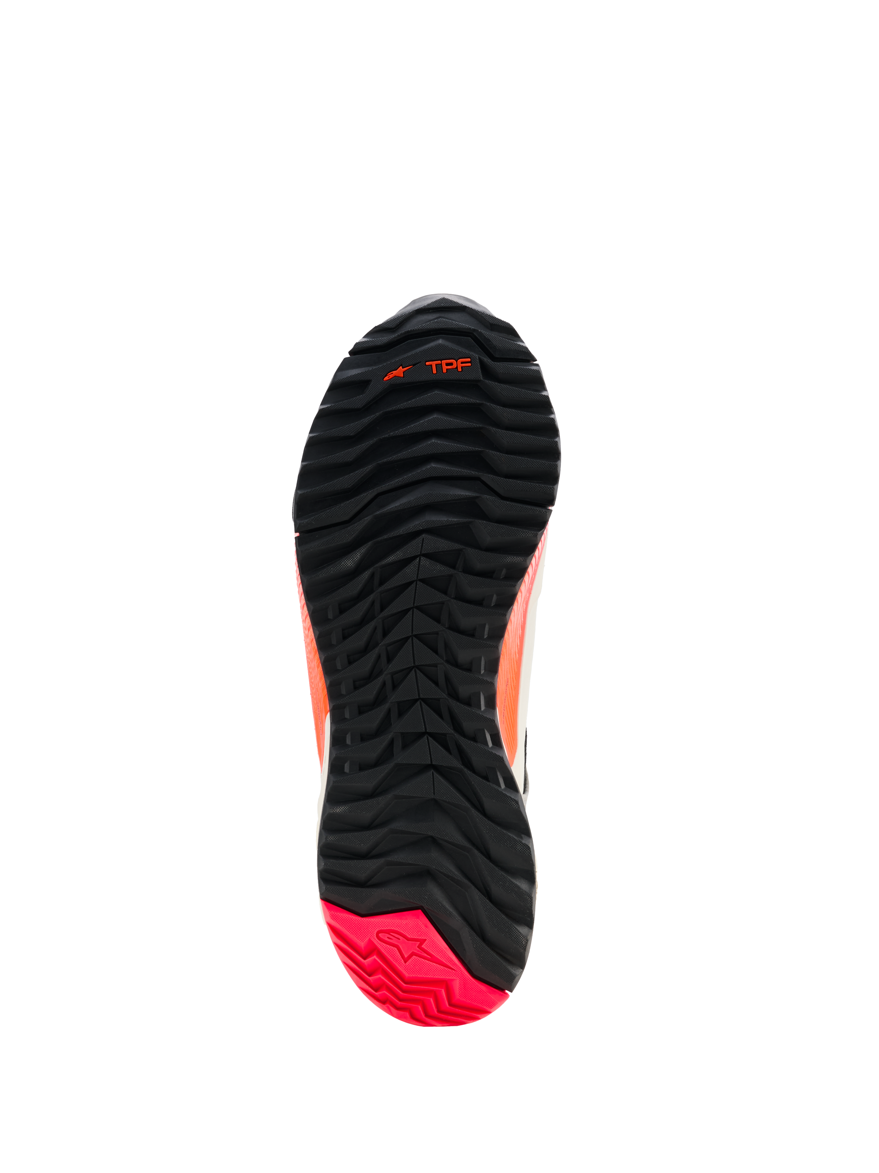 Alpinestars CR-X Drystar® køresko til damer, visning af ydersål, sort med Diva Pink hæl, robust slidbanemønster med asymmetrisk knopkonfiguration, fleksriller i forfoden og TPF-branding