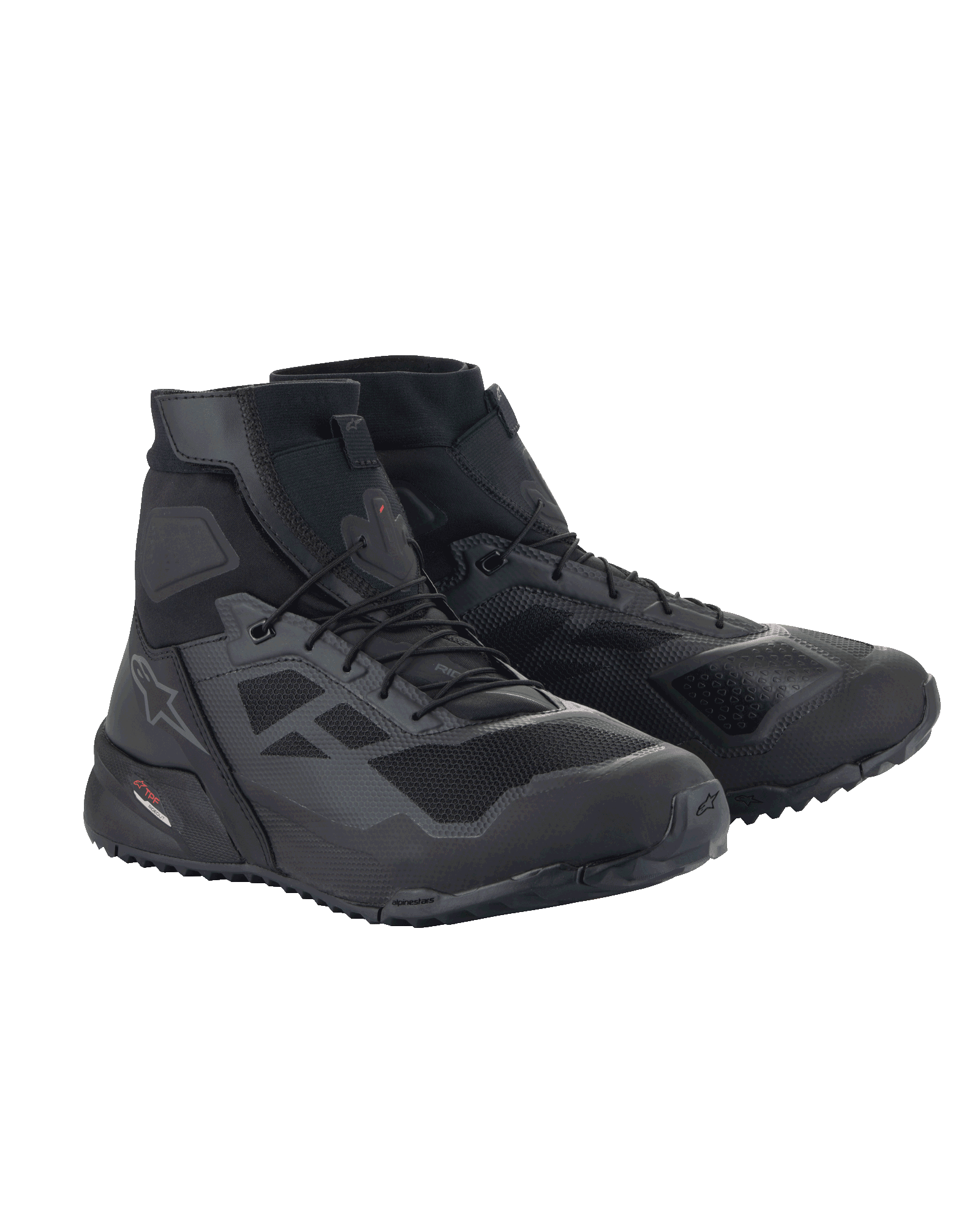 Alpinestars CR-1 Shoes, Motorcycle Riding Shoes, Black and Dark Gray, High-top silhouette with microfiber and 3D mesh, geometric structural patterns, rugged grip sole, sporty urban design