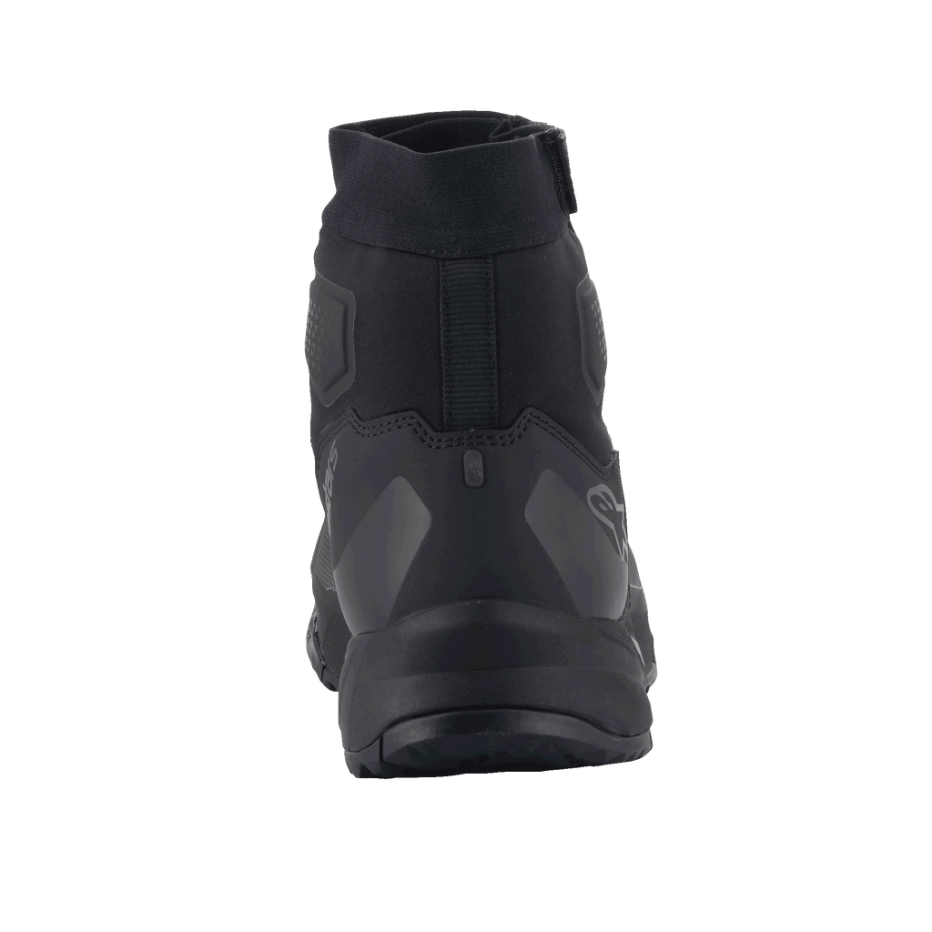Alpinestars CR-1 Shoes, Motorcycle Riding Shoes, Black and Dark Gray, Rear view highlighting microfiber and 3D mesh construction, sleek heel design with Alpinestars logo, optimized for warm weather touring and sport riding