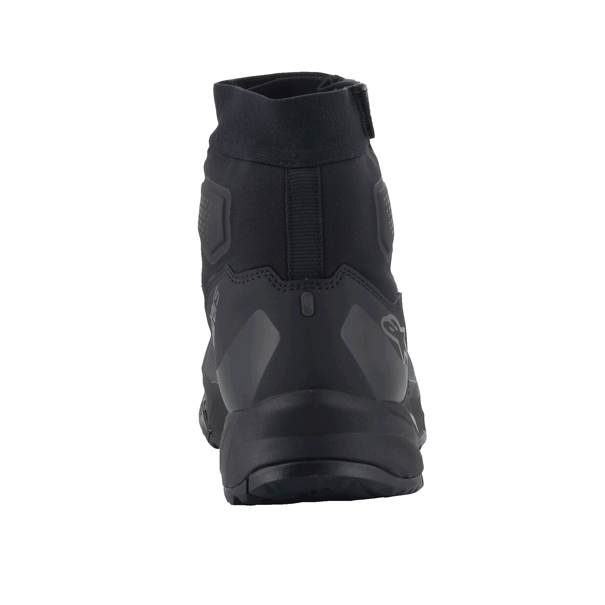 Alpinestars CR-1 Shoes, Motorcycle Riding Shoes, Black and Dark Gray, Rear view highlighting microfiber and 3D mesh construction, sleek heel design with Alpinestars logo, optimized for warm weather touring and sport riding