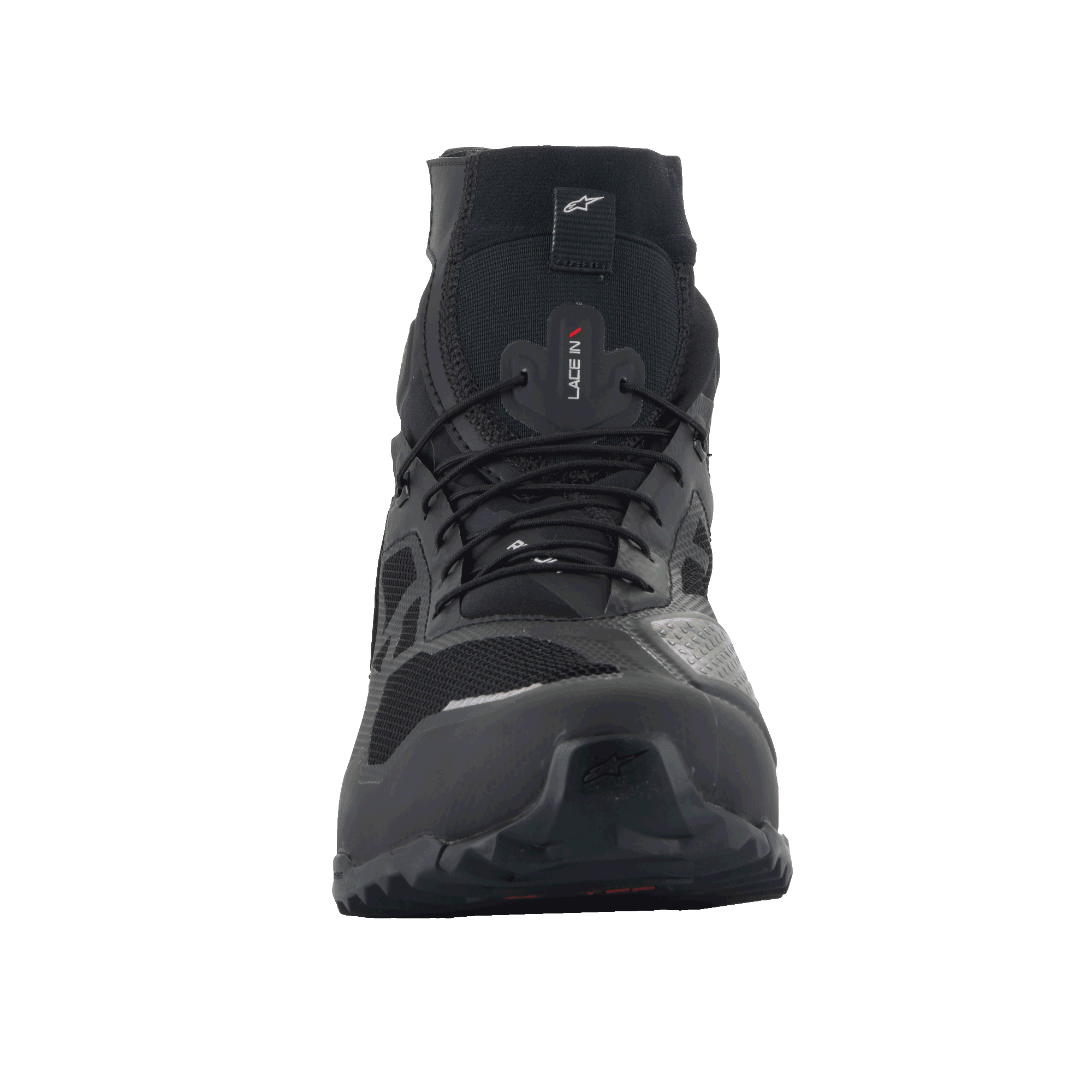 Alpinestars CR-1 Shoes, Motorcycle Riding Shoes, Black and White, front view, featuring breathable 3D mesh panels, microfiber construction, and lace-up closure, designed for touring and sport riding